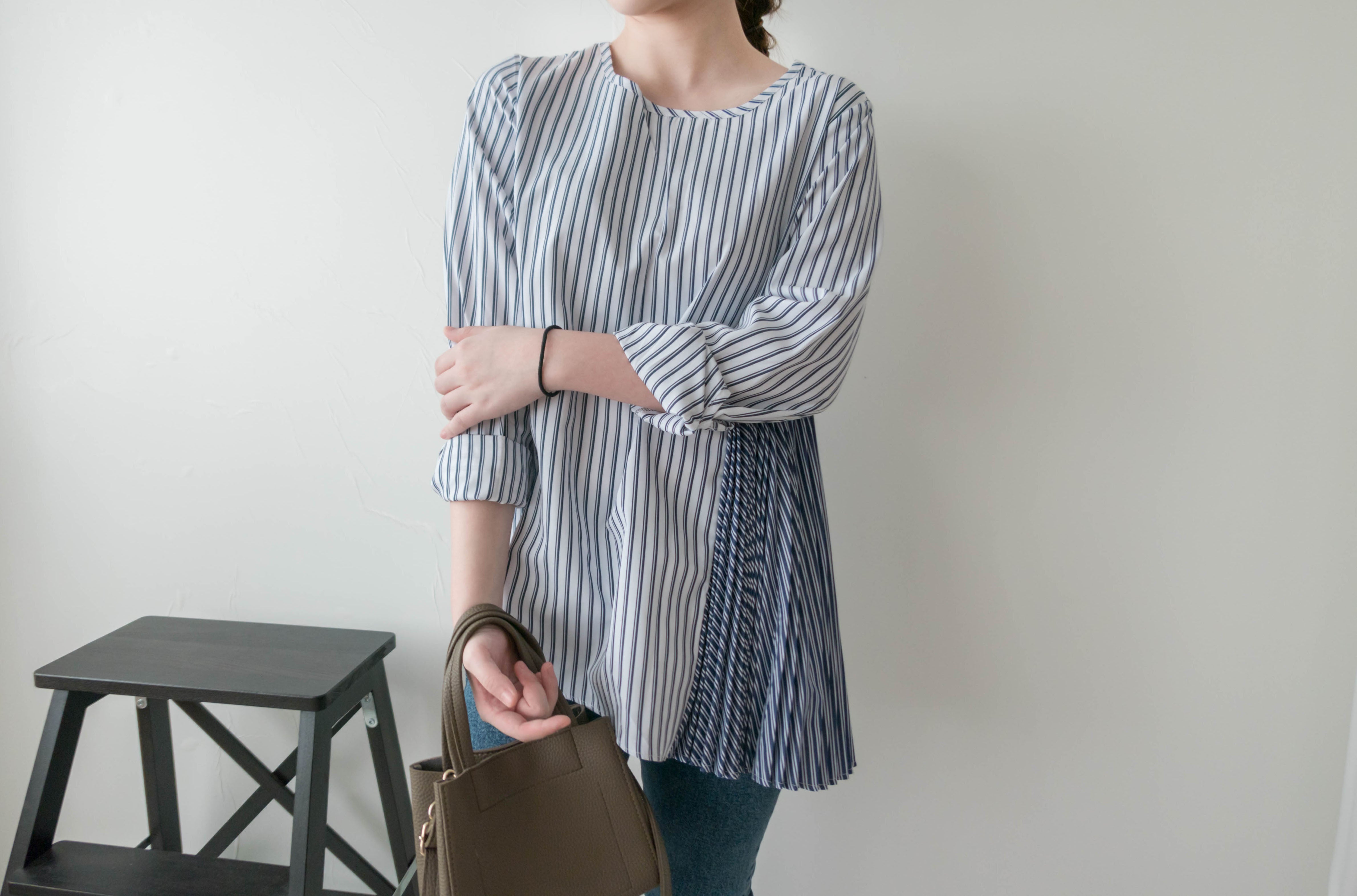 Stripe Cardigan 多重著法側百褶連腰帶背心兩件套, Set/ TP8915