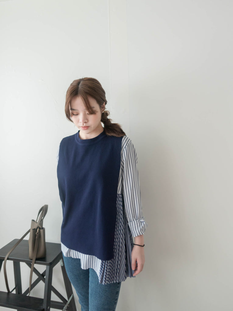 Stripe Cardigan 多重著法側百褶連腰帶背心兩件套, Set/ TP8915