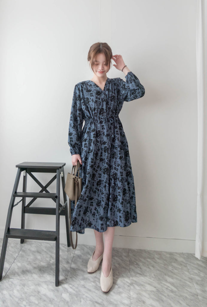Midnight Shadow 疊領午夜藍水影印花修腰口袋傘裙, Dress/ DS9366