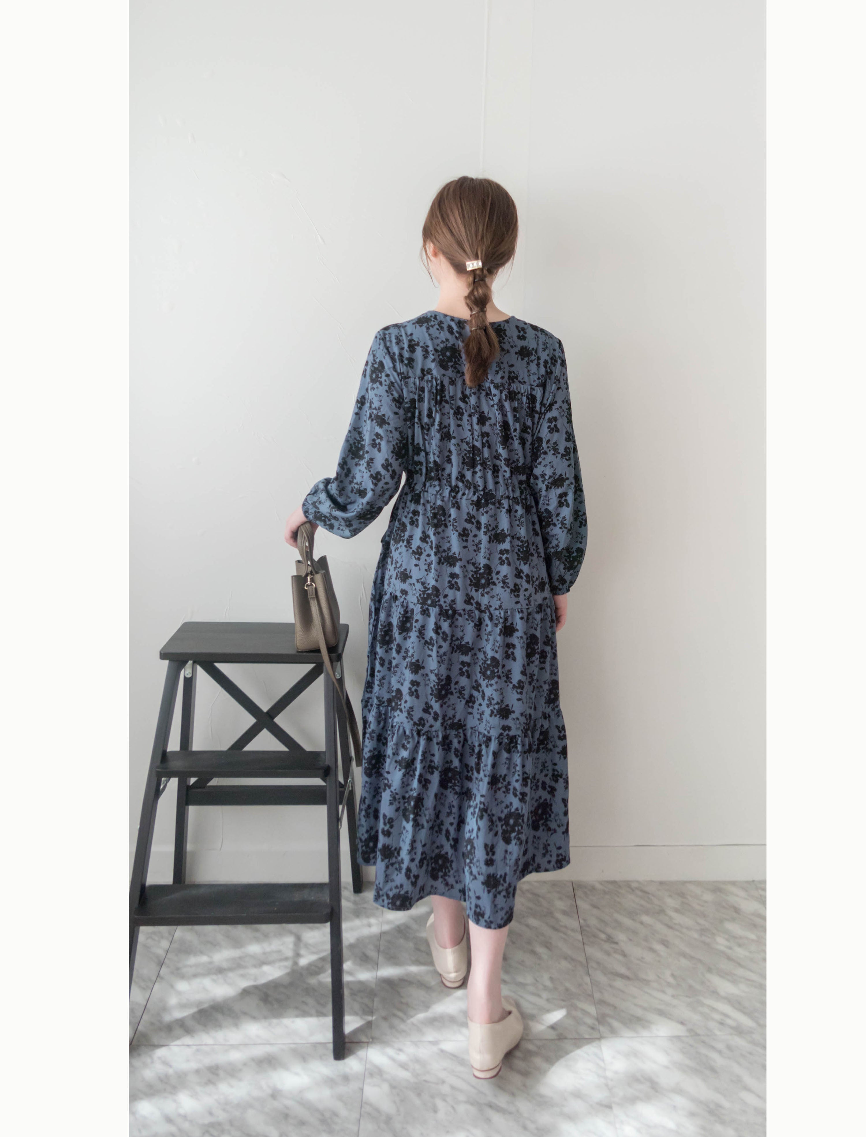 Midnight Shadow 疊領午夜藍水影印花修腰口袋傘裙, Dress/ DS9366
