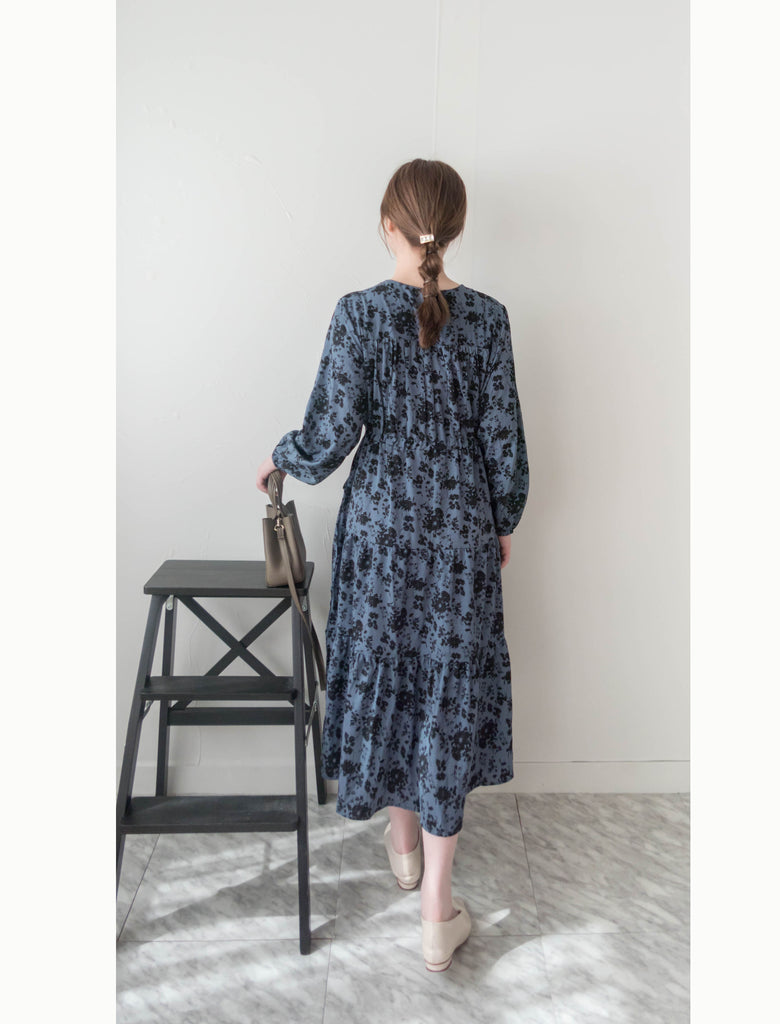 Midnight Shadow 疊領午夜藍水影印花修腰口袋傘裙, Dress/ DS9366