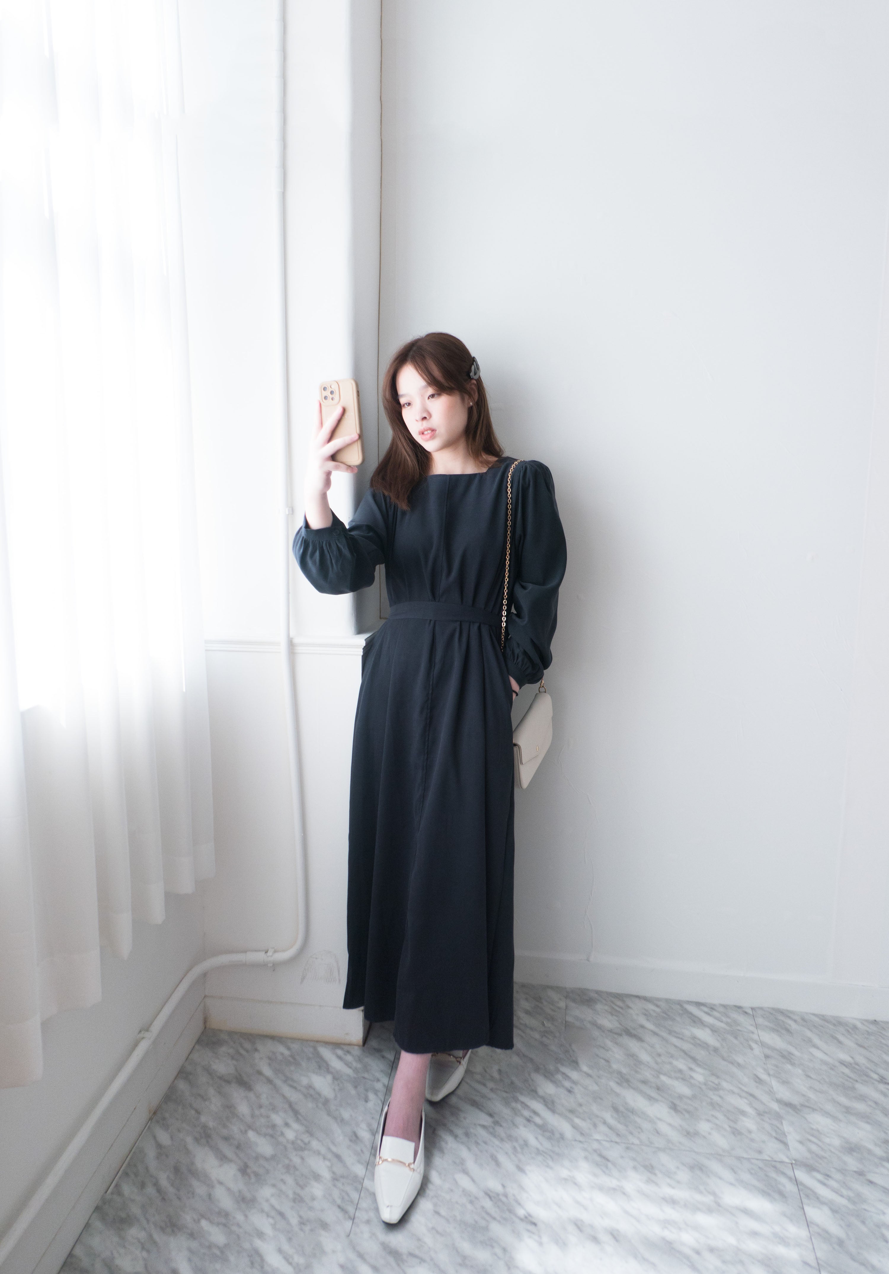 Back Ribbon 船領環形後蝴蝶修腰口袋連身裙, Dress/ DS9364