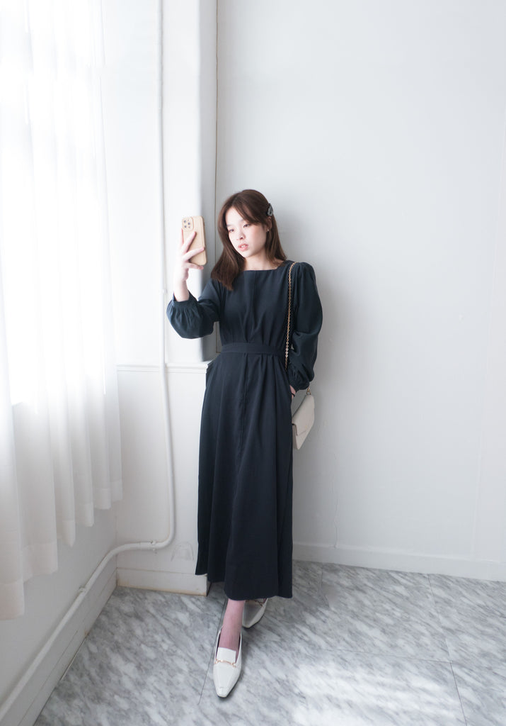 Back Ribbon 船領環形後蝴蝶修腰口袋連身裙, Dress/ DS9364