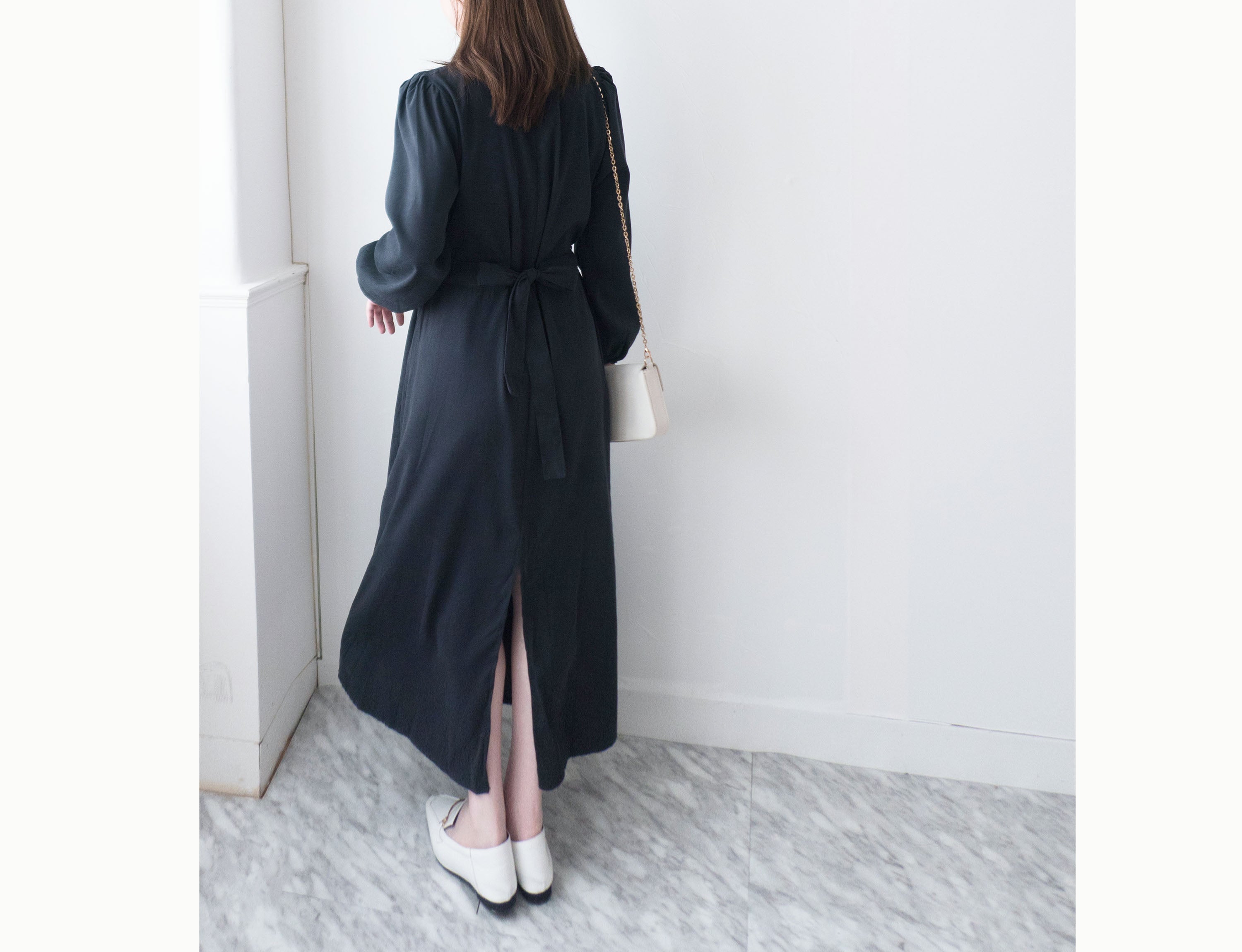 Back Ribbon 船領環形後蝴蝶修腰口袋連身裙, Dress/ DS9364