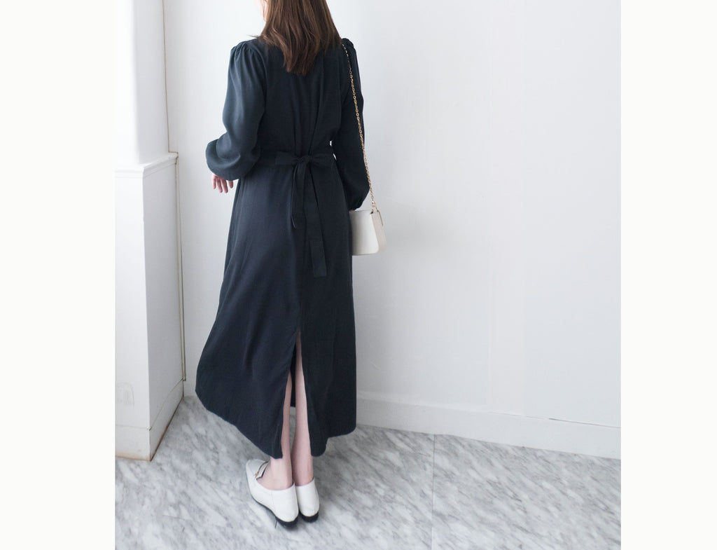 Back Ribbon 船領環形後蝴蝶修腰口袋連身裙, Dress/ DS9364