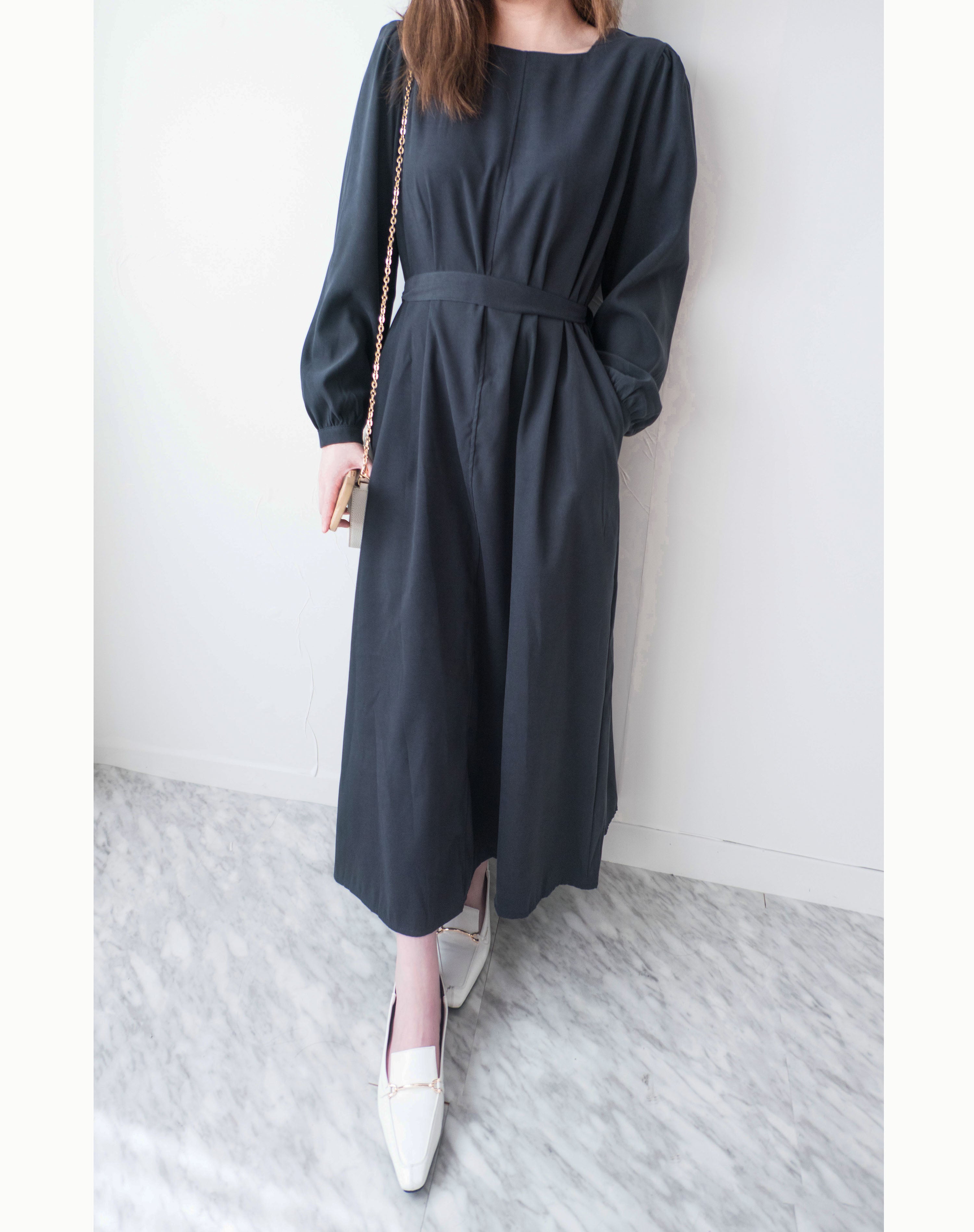 Back Ribbon 船領環形後蝴蝶修腰口袋連身裙, Dress/ DS9364