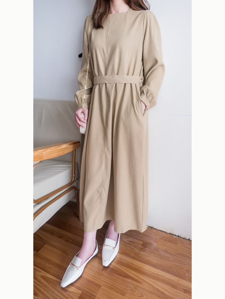 Back Ribbon 船領環形後蝴蝶修腰口袋連身裙, Dress/ DS9364