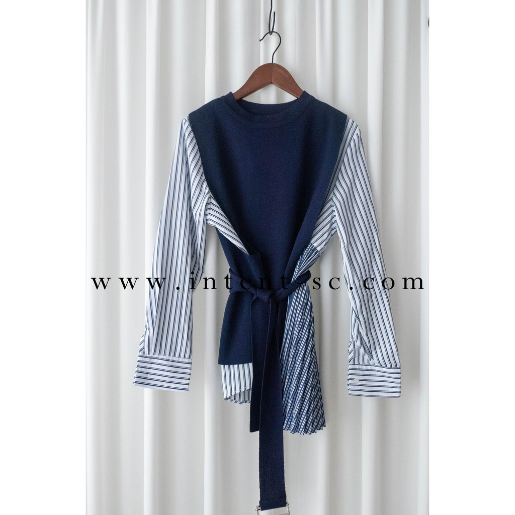 Stripe Cardigan 多重著法側百褶連腰帶背心兩件套, Set/ TP8915