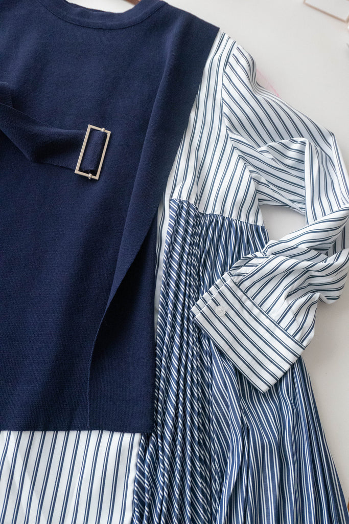 Stripe Cardigan 多重著法側百褶連腰帶背心兩件套, Set/ TP8915
