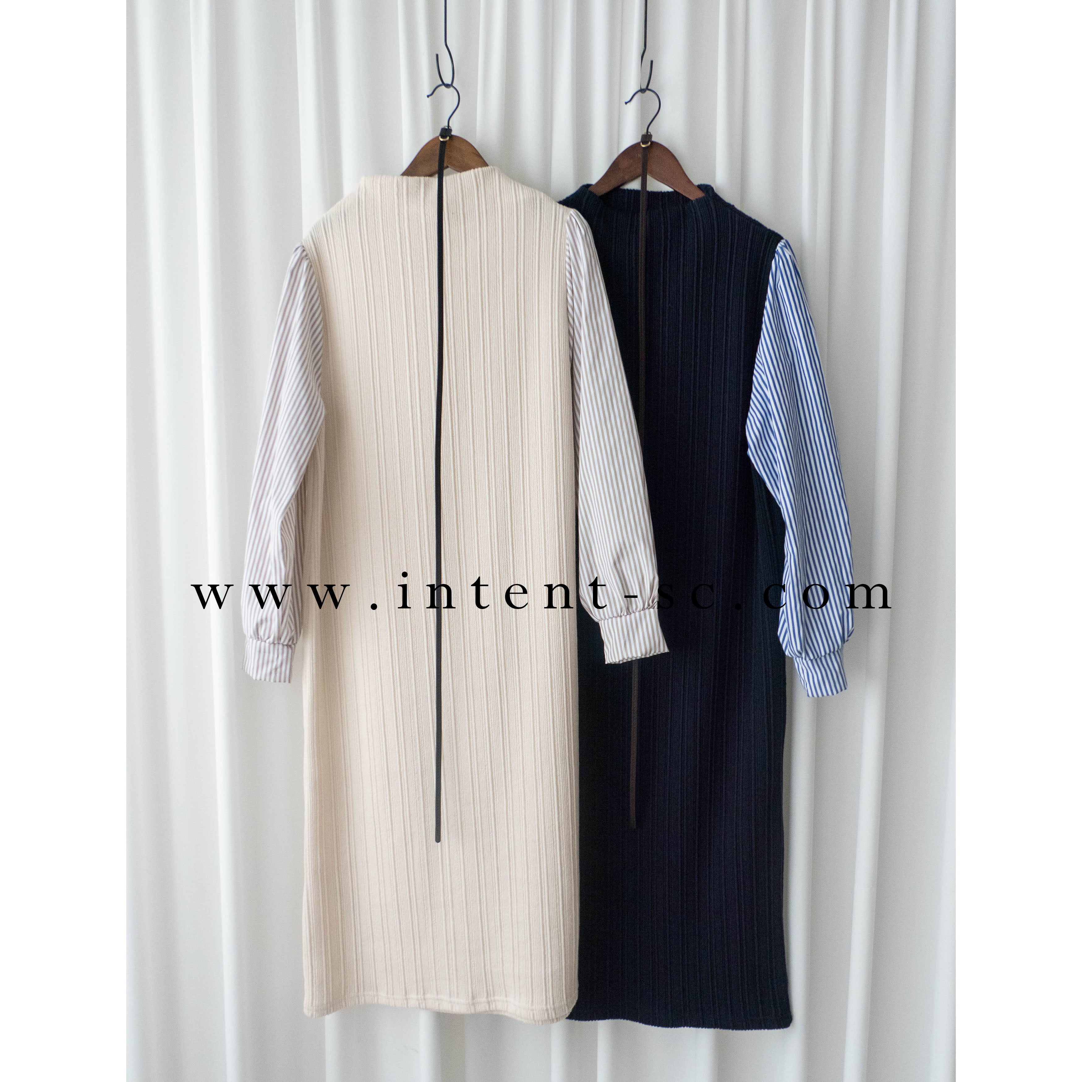 Stripe Shirt 氣質寬鬆小高領背心拼條紋手袖(連腰帶) , Dress/ DS9360