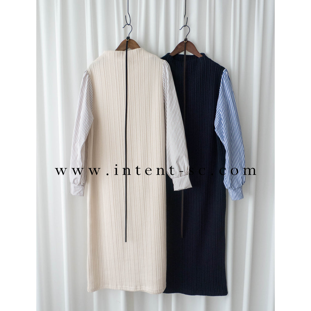 Stripe Shirt 氣質寬鬆小高領背心拼條紋手袖(連腰帶) , Dress/ DS9360
