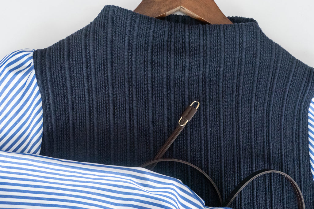 Stripe Shirt 氣質寬鬆小高領背心拼條紋手袖(連腰帶) , Dress/ DS9360
