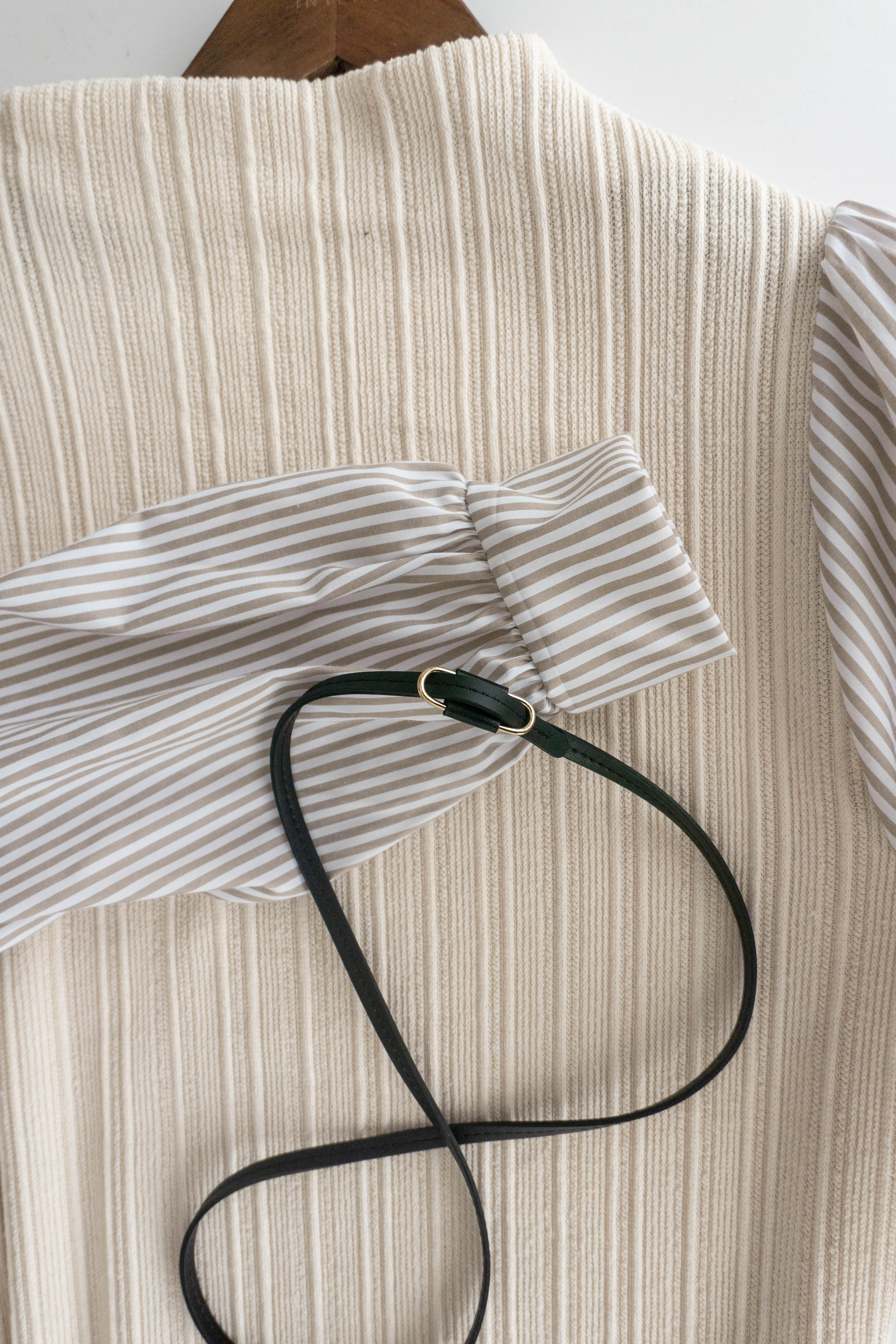 Stripe Shirt 氣質寬鬆小高領背心拼條紋手袖(連腰帶) , Dress/ DS9360