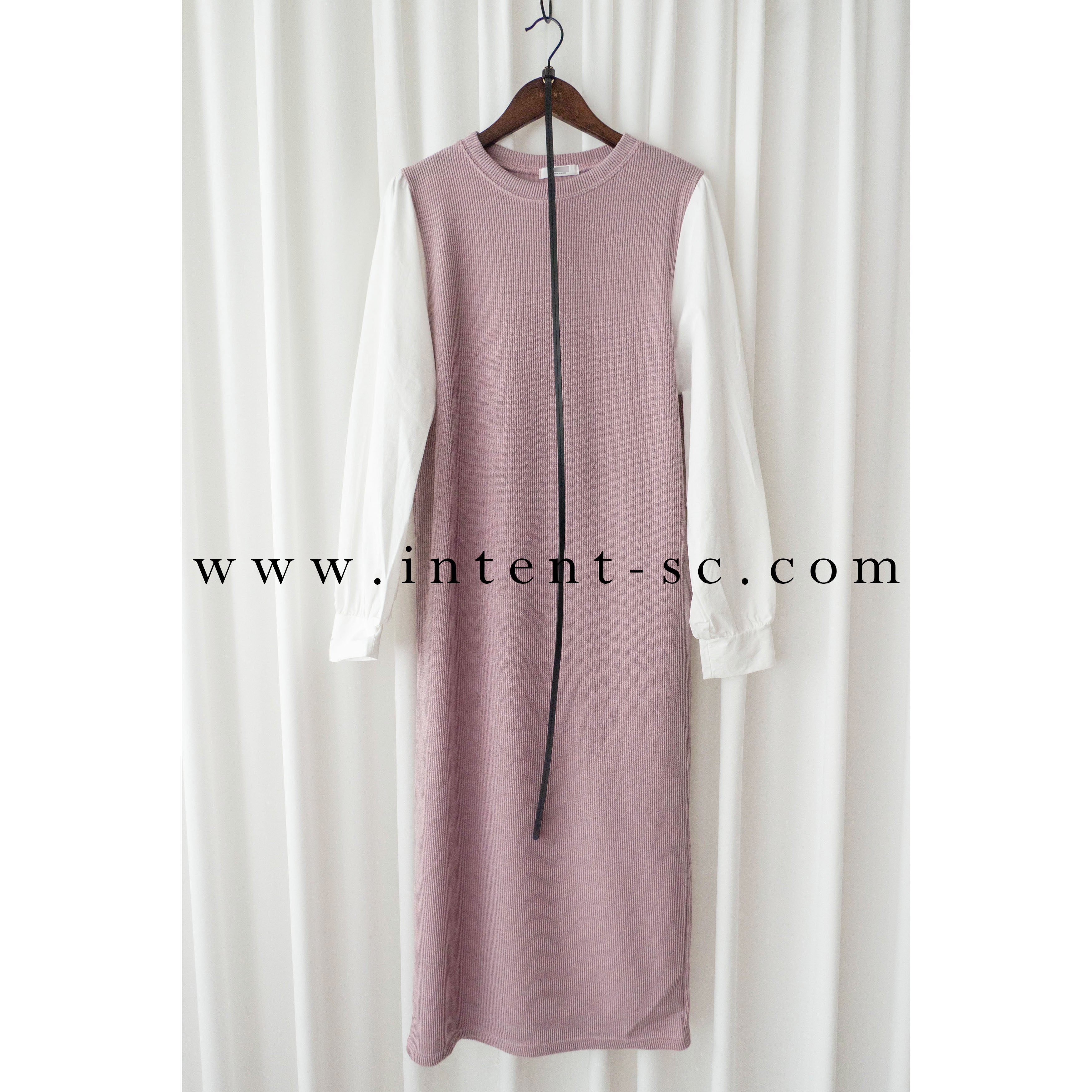 Lady Shirt 粉色假兩件恤衫手袖(連腰帶黑或啡隨機), Dress/ DS9359