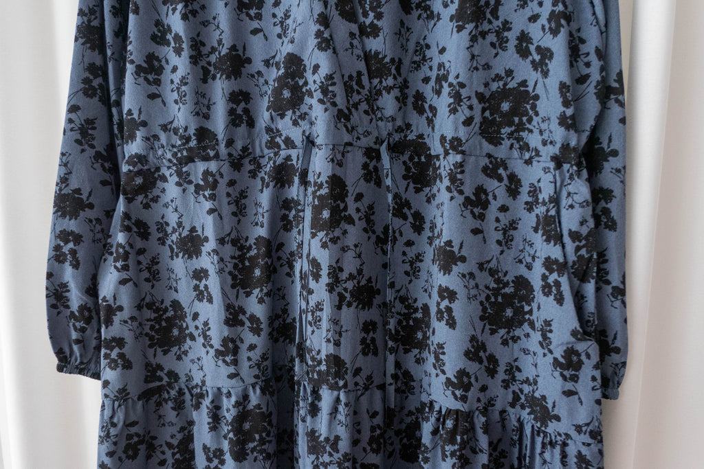 Midnight Shadow 疊領午夜藍水影印花修腰口袋傘裙, Dress/ DS9366