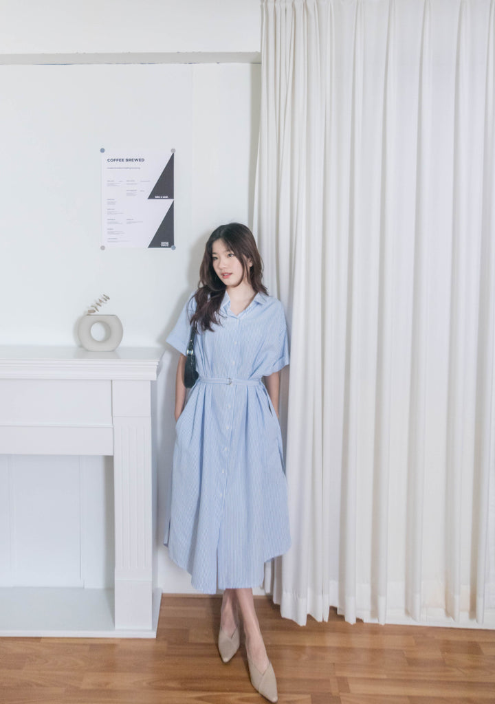 Blue Stripe 直條紋恤衫後蝴蝶口袋連身裙, Dress/ DS9527