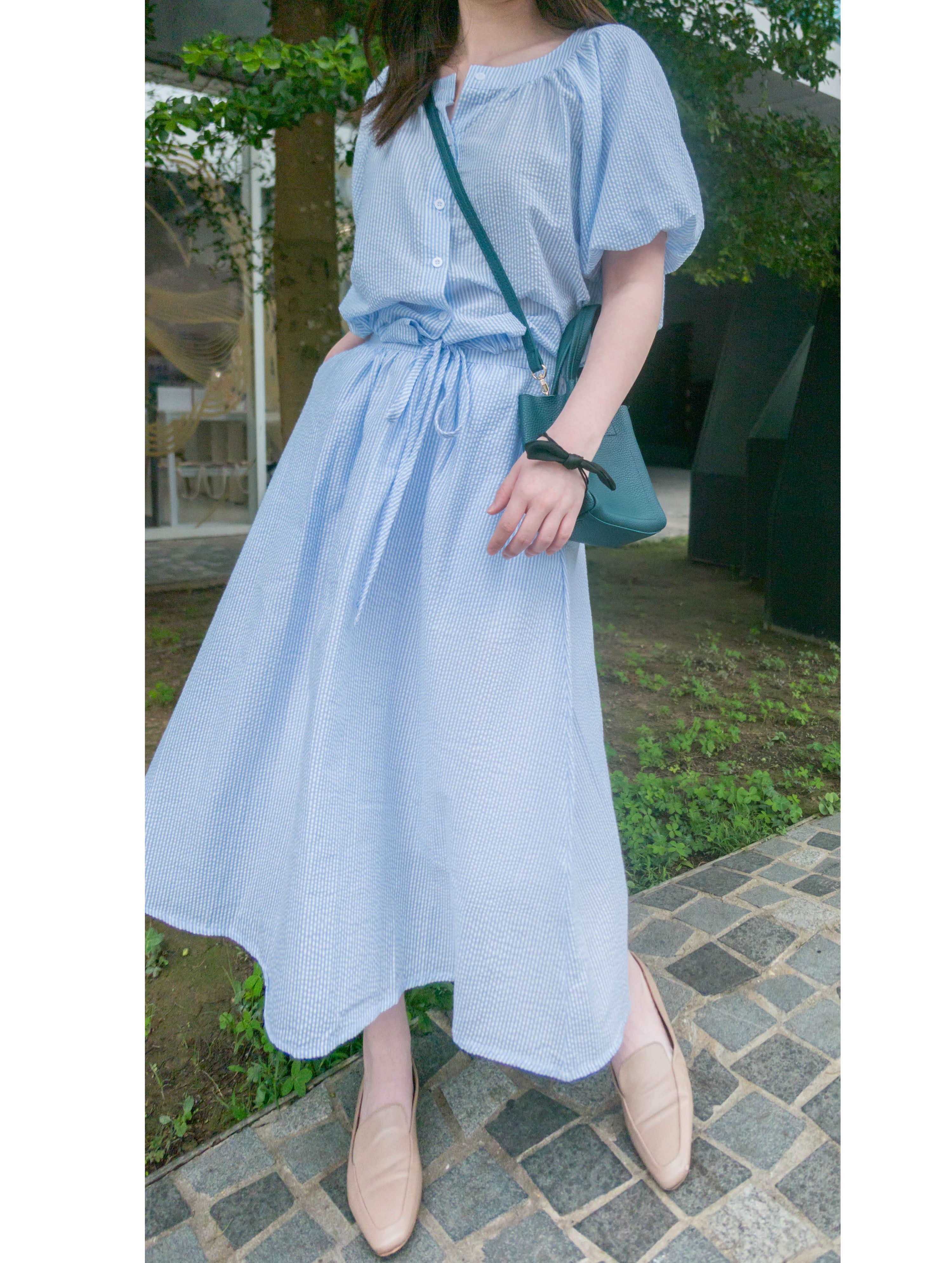 (一套超靚可分開著！) 淺藍條紋束衣尾口袋傘裙, SET/ SE8061
