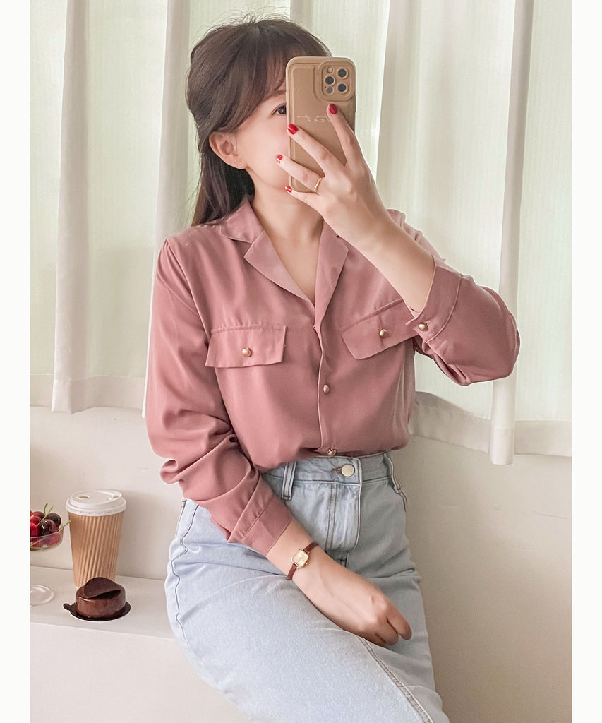 Champagne 復古氣質翻領香檳光澤銅鈕, Blouse/ BU8974 (香檳ROSE Palevioletred sold out)
