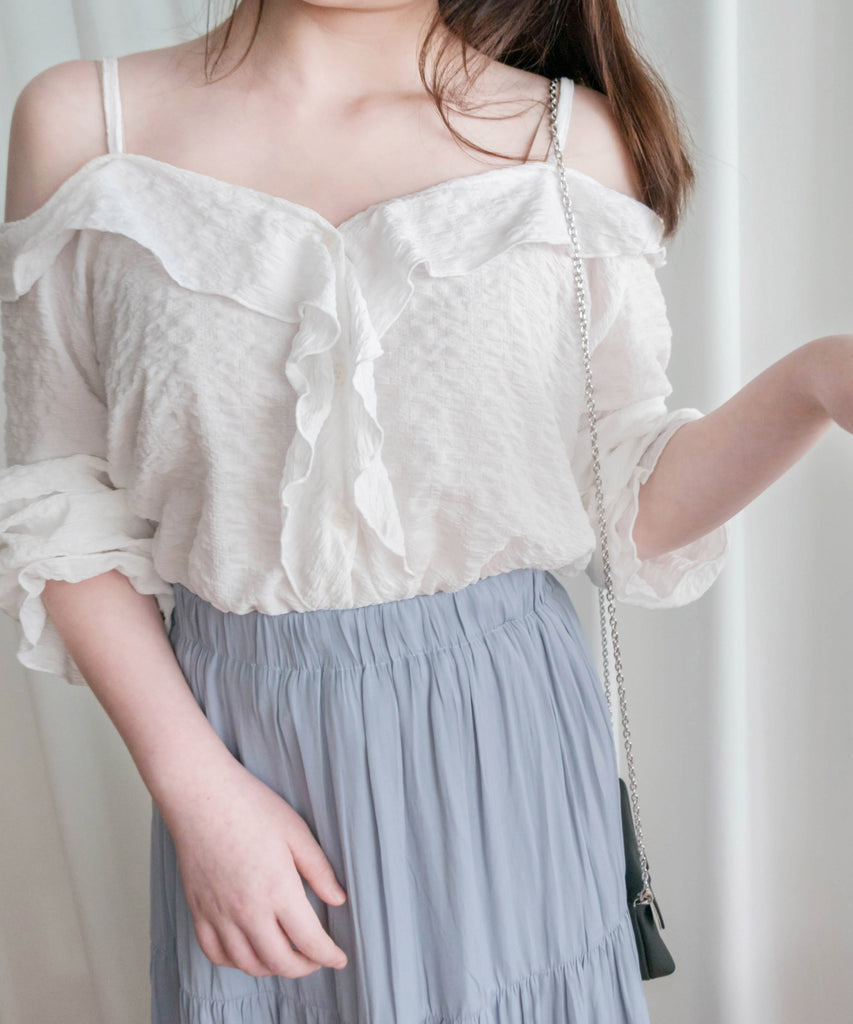 Ruffle Lady 荷葉邊仙氣短帶露肩上衣 ,Blouse/ BU8962 (lightblue sold out)
