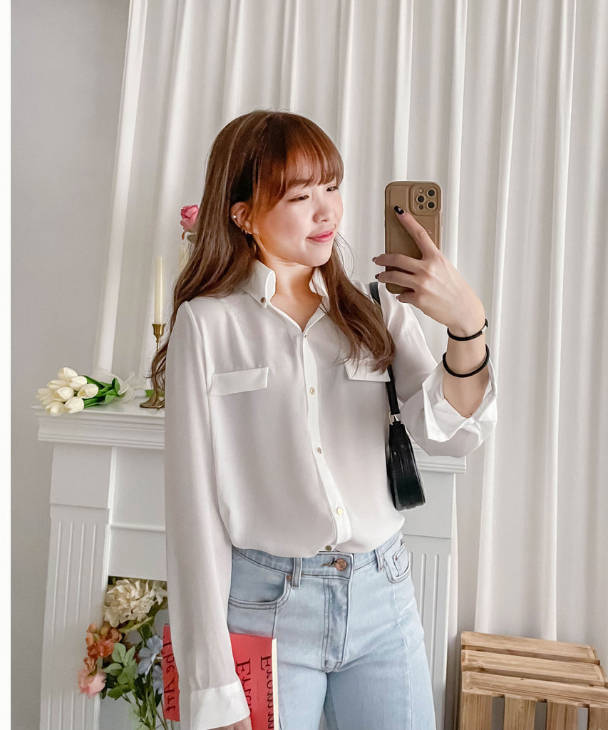 Button Collar 磨砂金鈕裝飾質感雪紡上衣, Blouse/ BU8972