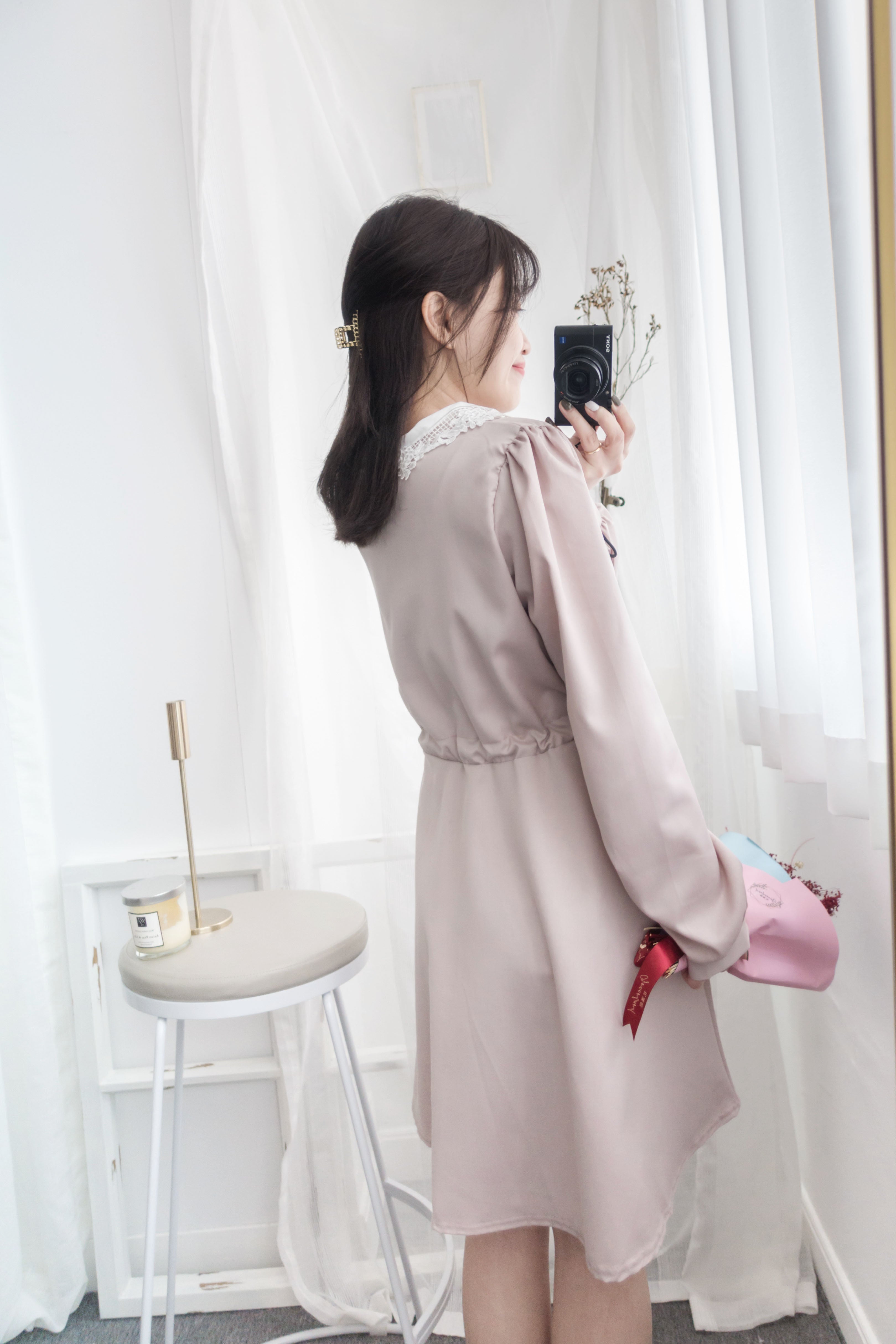 Pink Blush Romance, dress 淡粉紅通花領口自訂修腰膝上連身裙/ DS8788