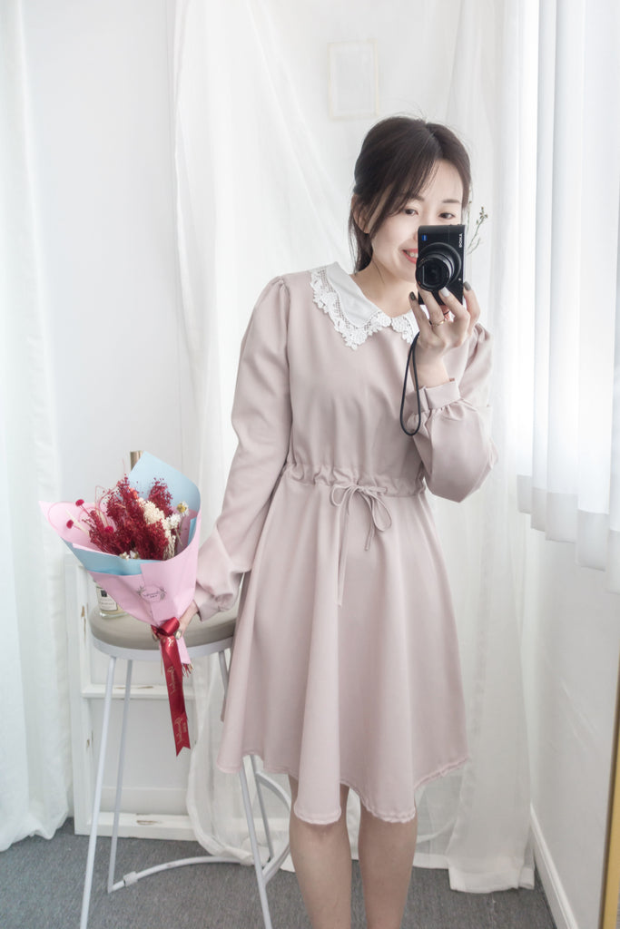 Pink Blush Romance, dress 淡粉紅通花領口自訂修腰膝上連身裙/ DS8788