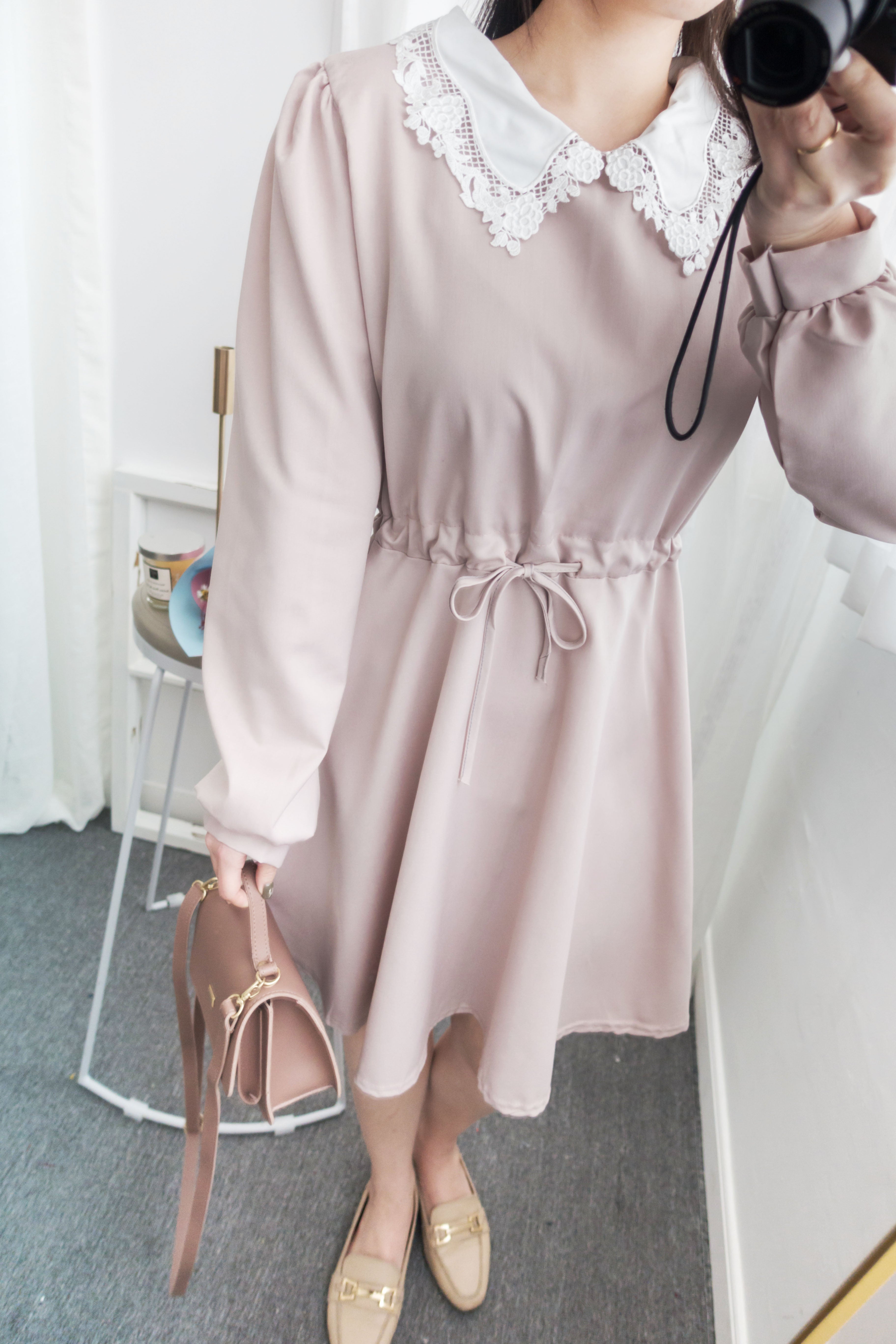 Pink Blush Romance, dress 淡粉紅通花領口自訂修腰膝上連身裙/ DS8788