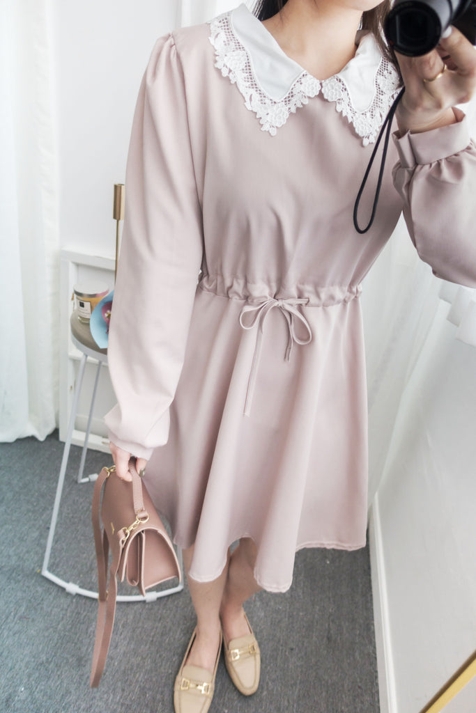 Pink Blush Romance, dress 淡粉紅通花領口自訂修腰膝上連身裙/ DS8788