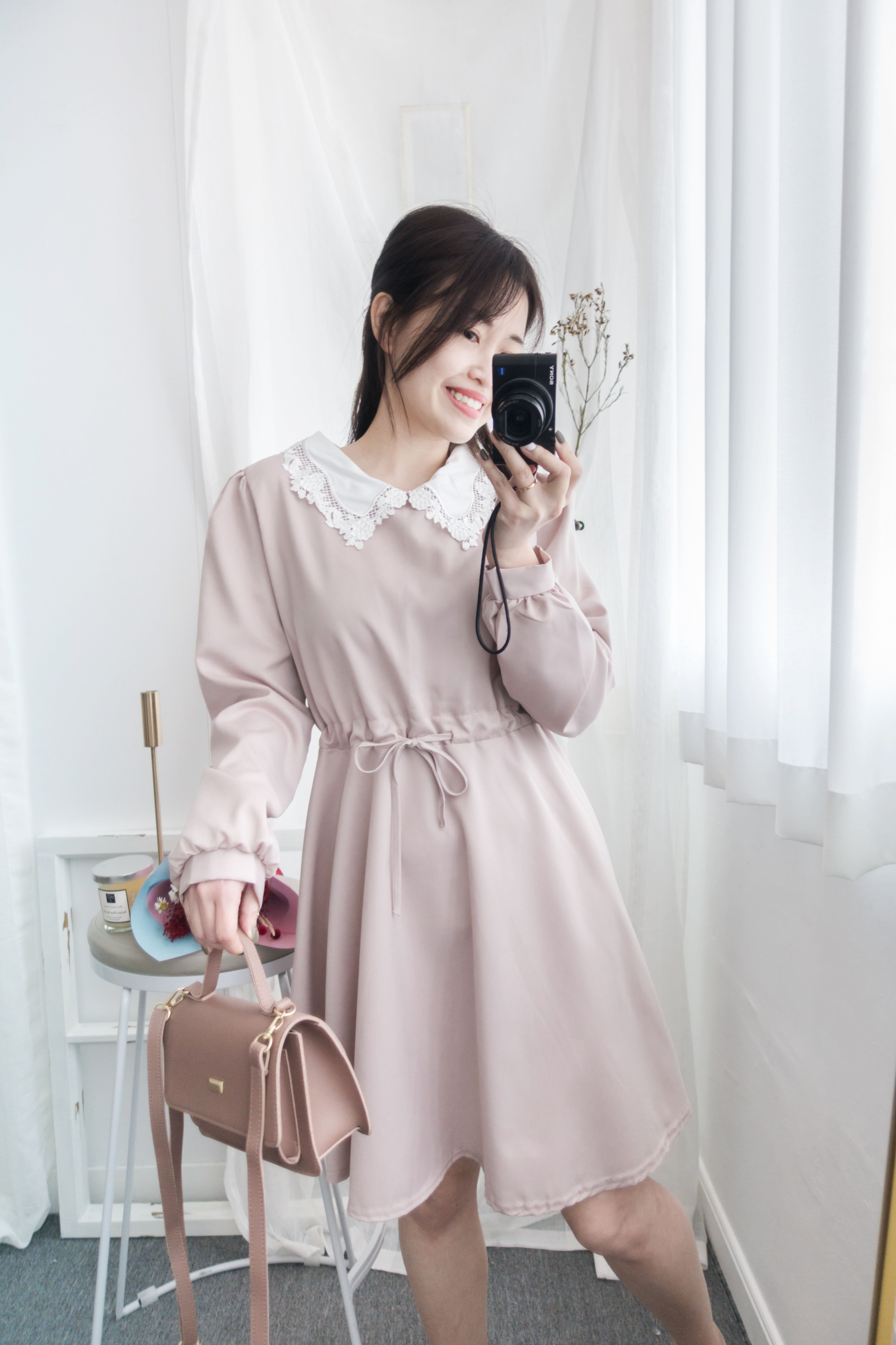 Pink Blush Romance, dress 淡粉紅通花領口自訂修腰膝上連身裙/ DS8788