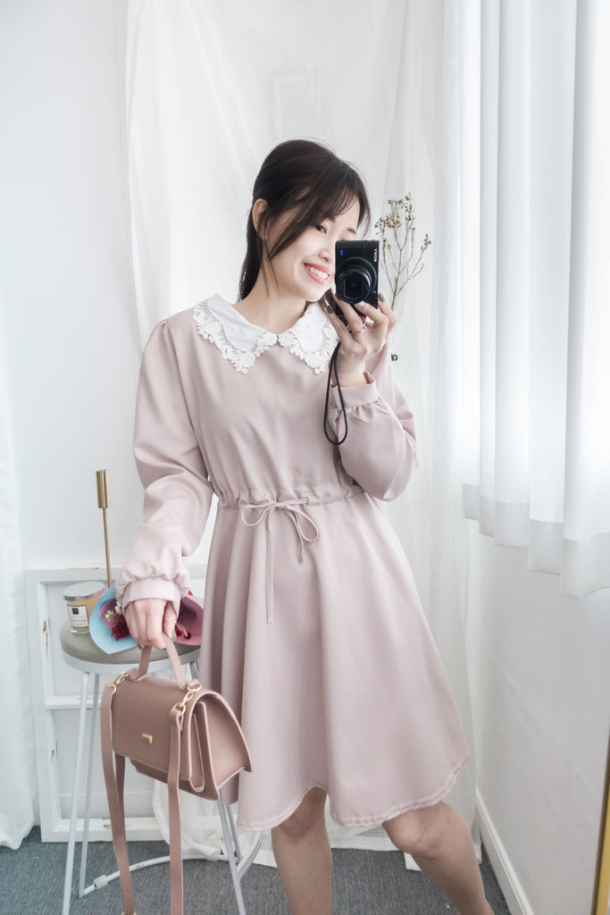 Pink Blush Romance, dress 淡粉紅通花領口自訂修腰膝上連身裙/ DS8788