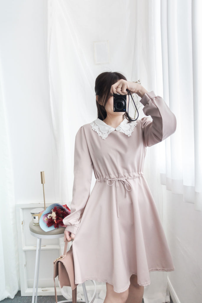Pink Blush Romance, dress 淡粉紅通花領口自訂修腰膝上連身裙/ DS8788