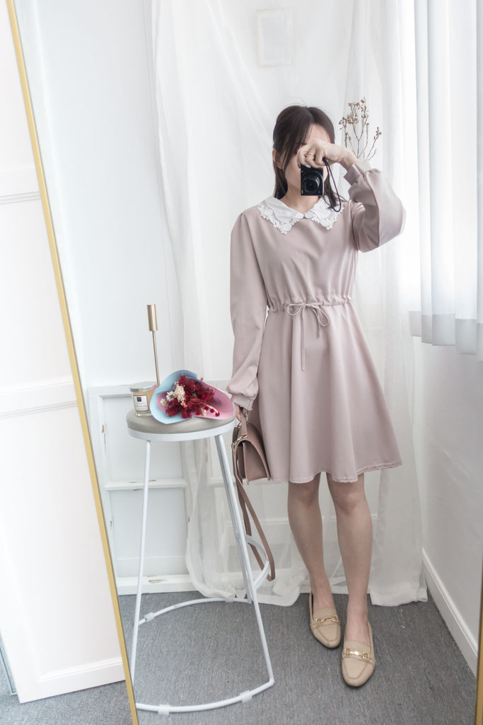 Pink Blush Romance, dress 淡粉紅通花領口自訂修腰膝上連身裙/ DS8788