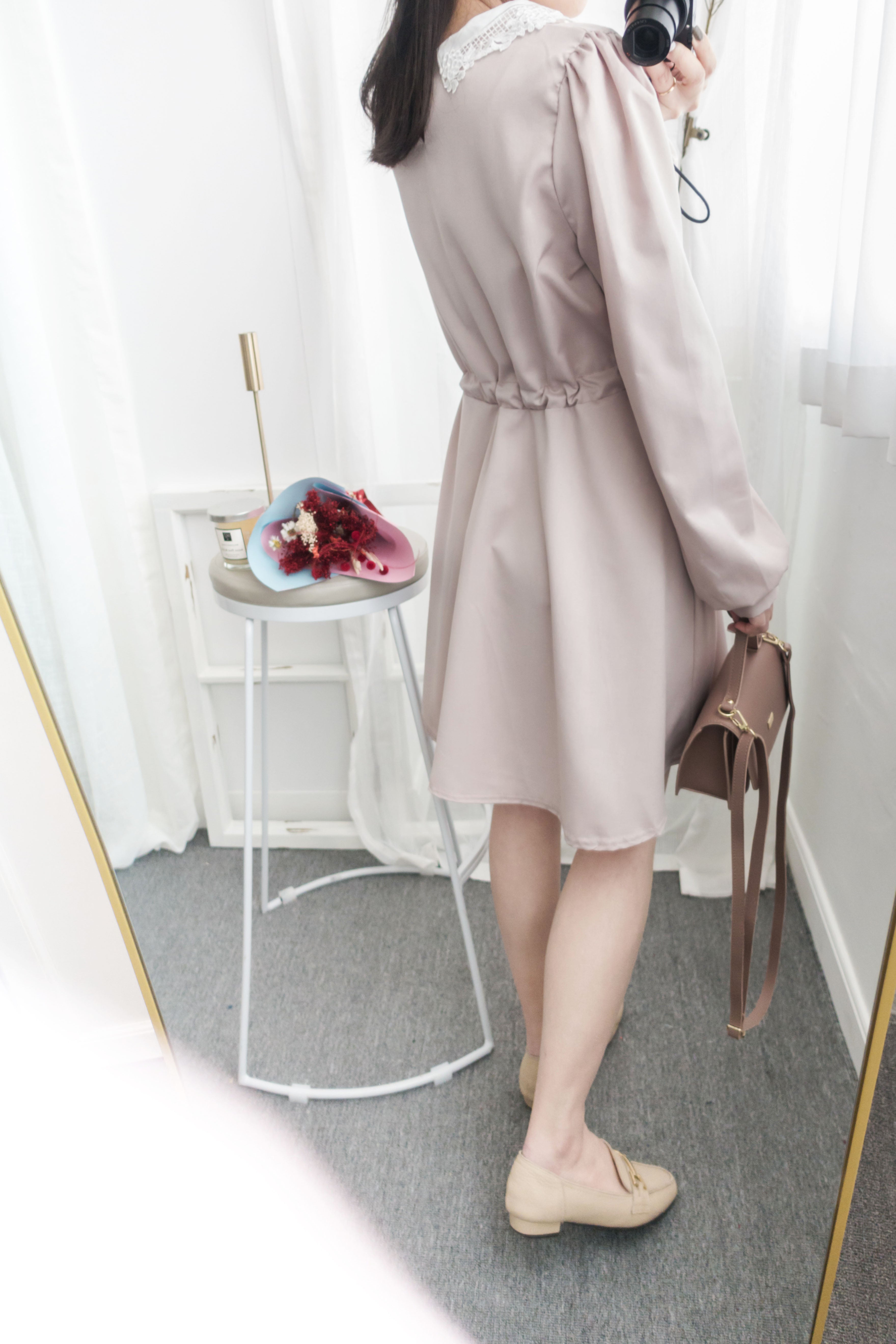 Pink Blush Romance, dress 淡粉紅通花領口自訂修腰膝上連身裙/ DS8788