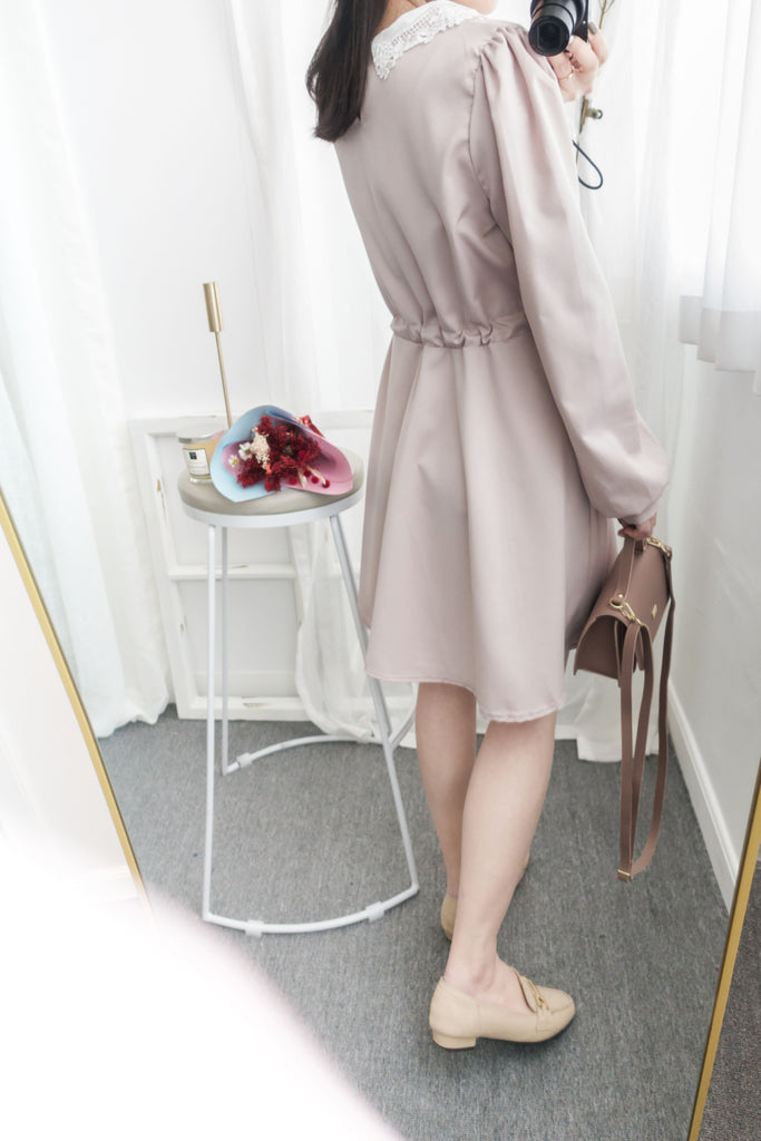 Pink Blush Romance, dress 淡粉紅通花領口自訂修腰膝上連身裙/ DS8788