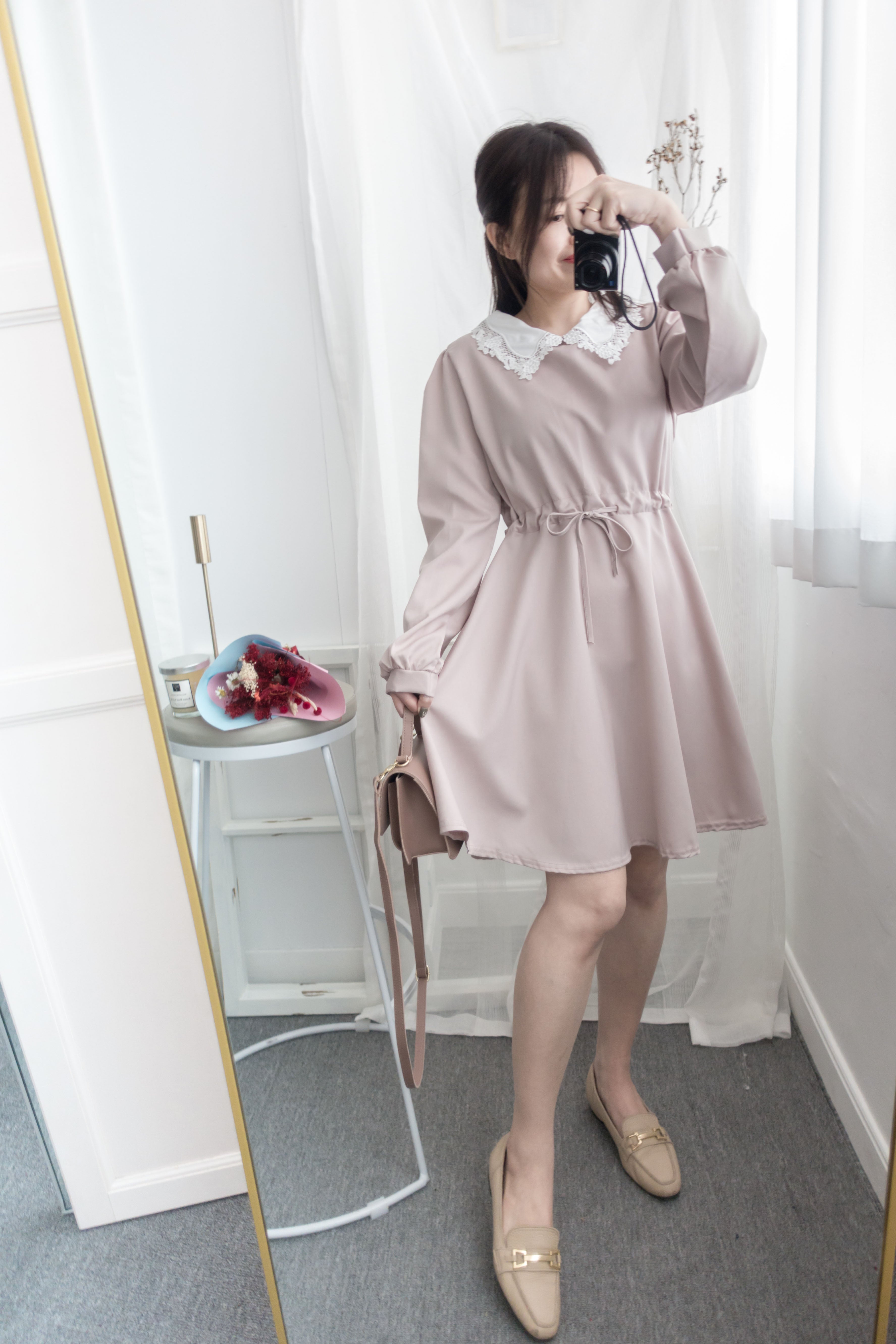 Pink Blush Romance, dress 淡粉紅通花領口自訂修腰膝上連身裙/ DS8788