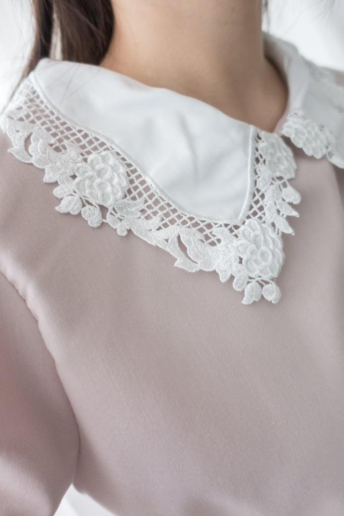 Pink Blush Romance, dress 淡粉紅通花領口自訂修腰膝上連身裙/ DS8788