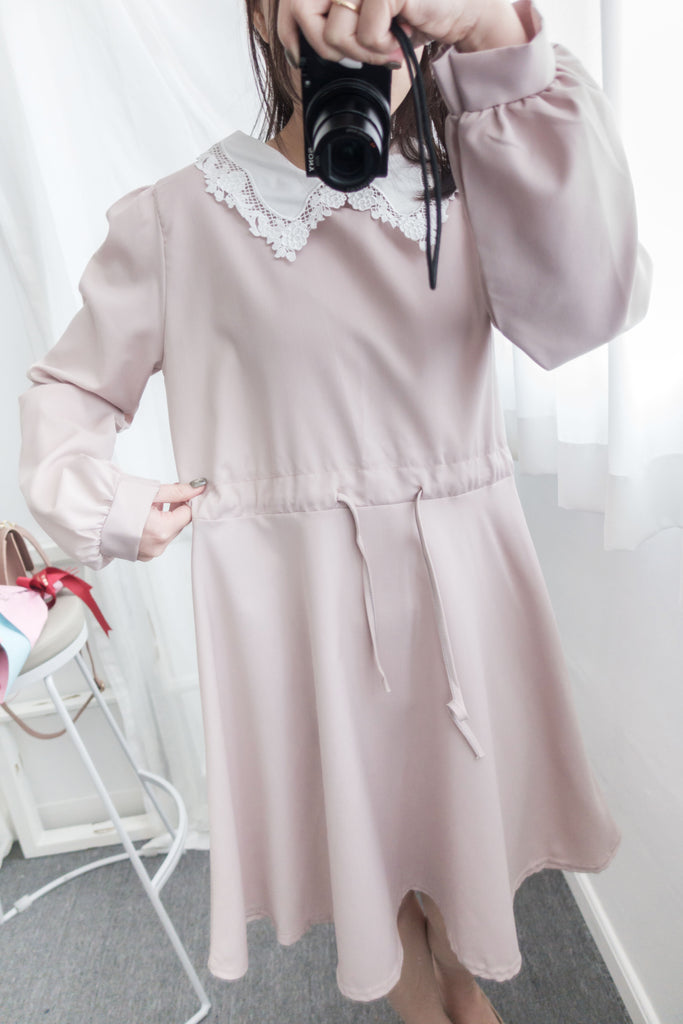 Pink Blush Romance, dress 淡粉紅通花領口自訂修腰膝上連身裙/ DS8788