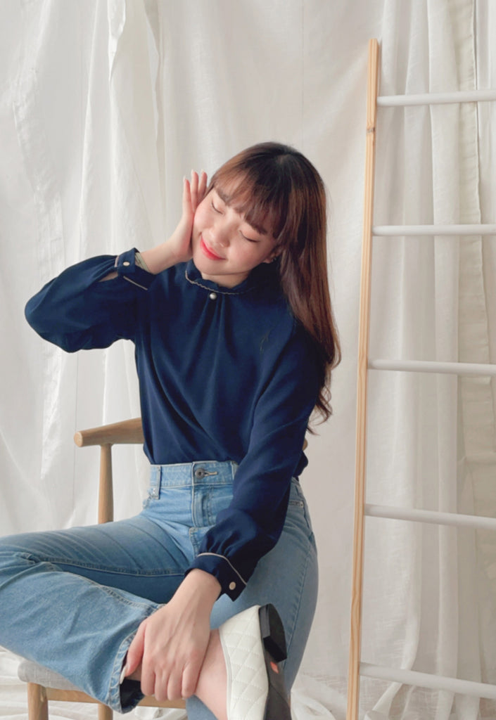 Ruffle Collar 氣質雪紡線條花邊珍珠領口, Blouse/ BU8885 (navy sold out)