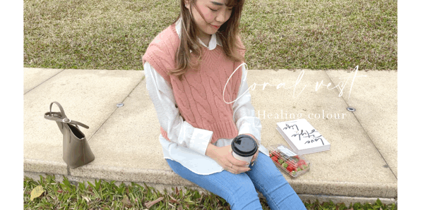 Coral 粉橙棉花糖鈕紋垂肩V領背心, Vest/ KT8168