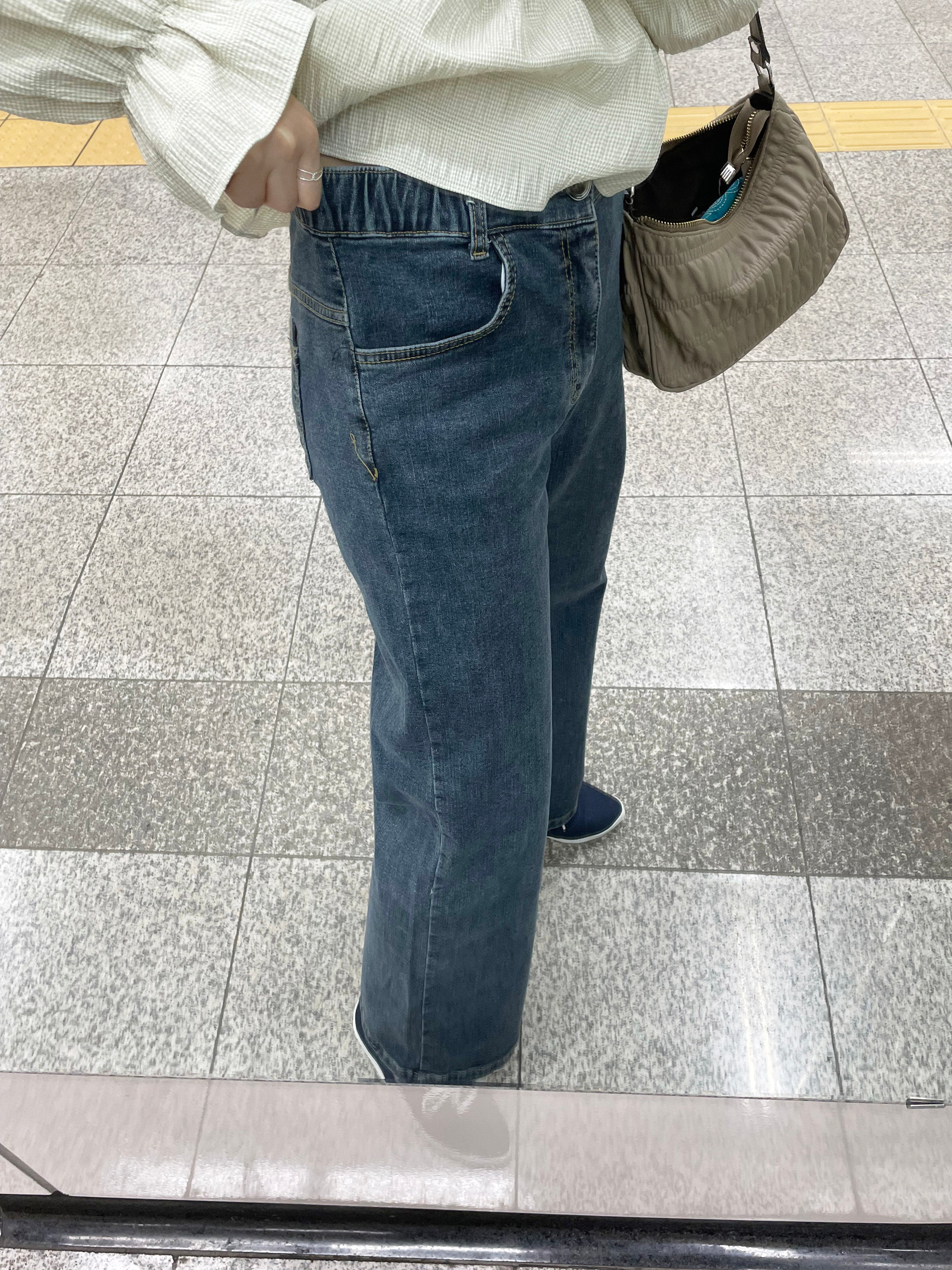 Vintage 復古色全彈性腰側後橡筋直腳, Jeans/ PT8361