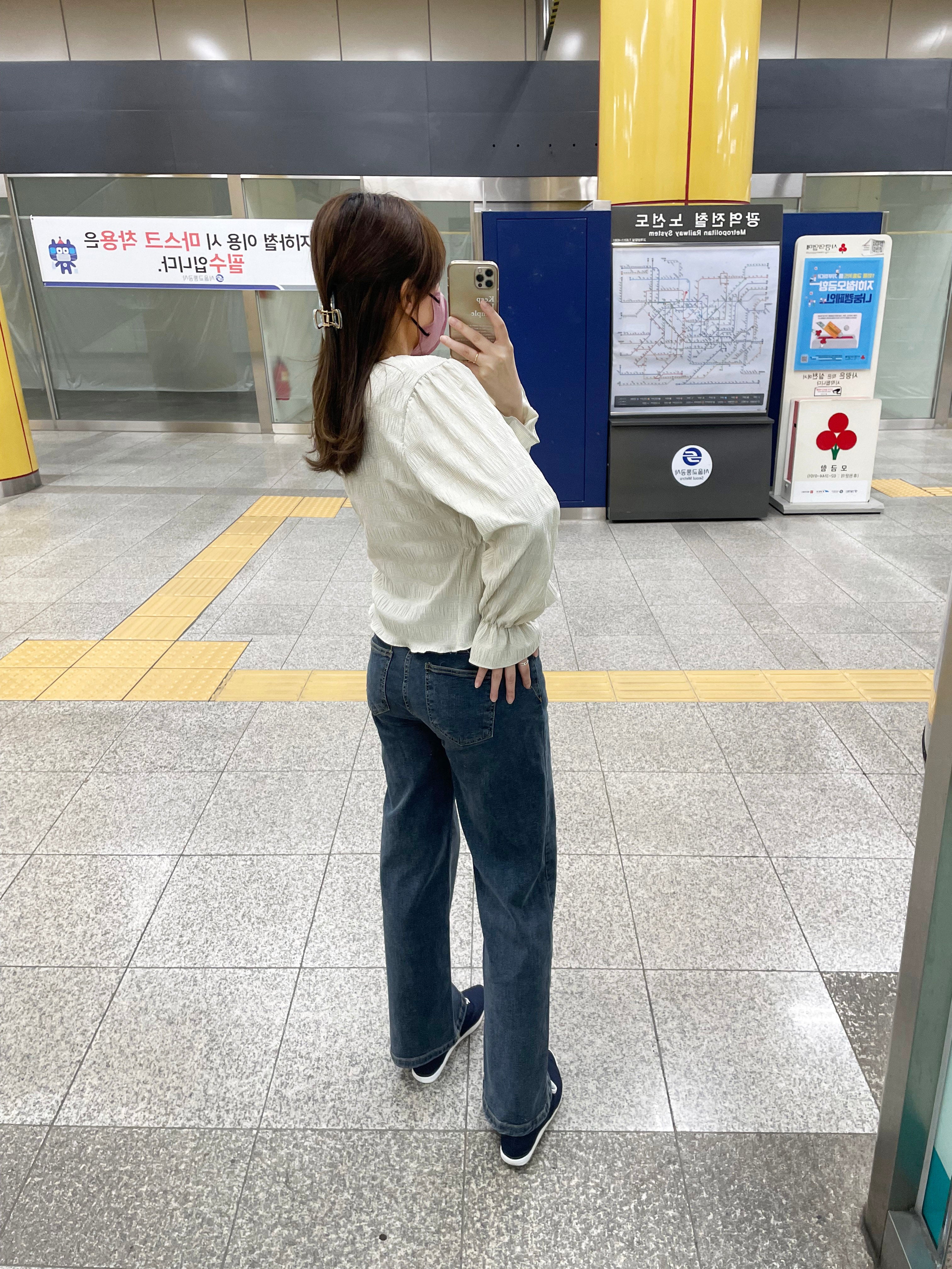 Vintage 復古色全彈性腰側後橡筋直腳, Jeans/ PT8361