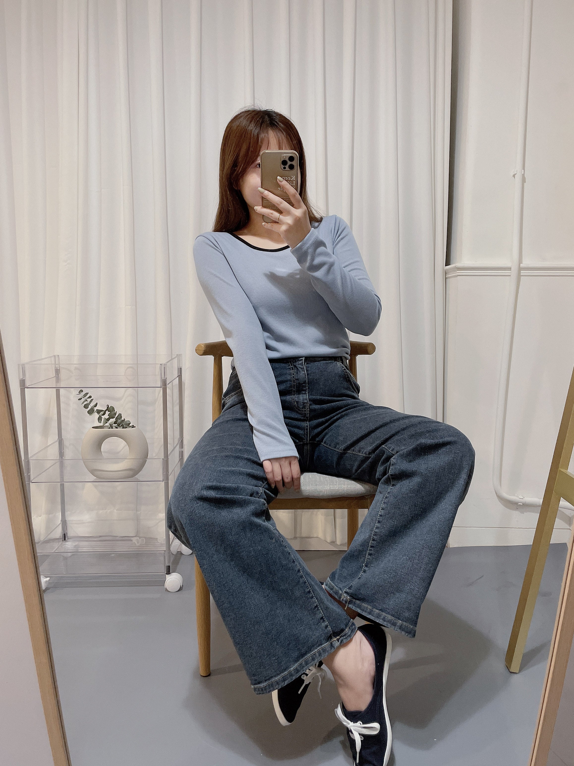 Vintage 復古色全彈性腰側後橡筋直腳, Jeans/ PT8361