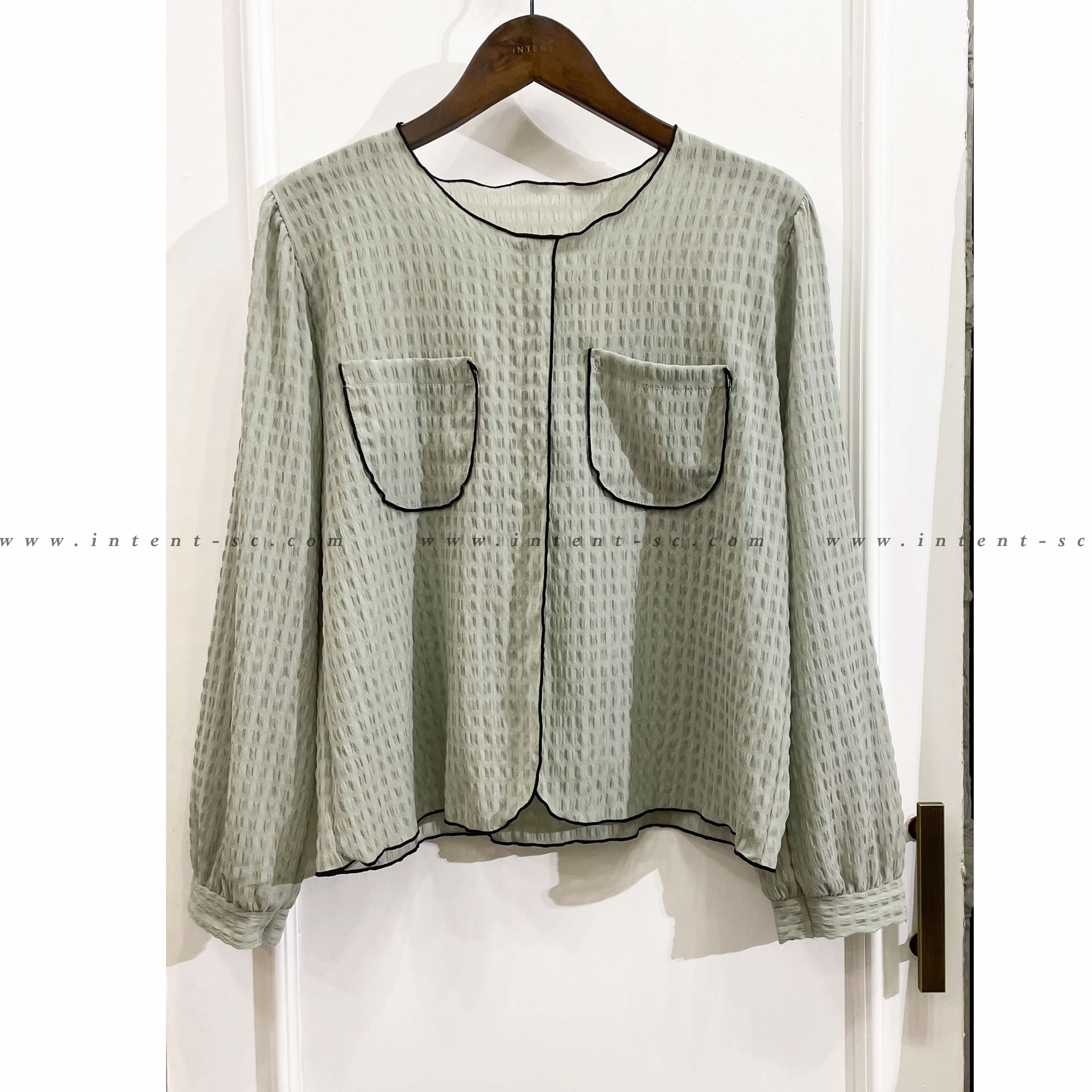 Border 雪紡湖水綠暗格拼色上衣, Blouse/ TP8682