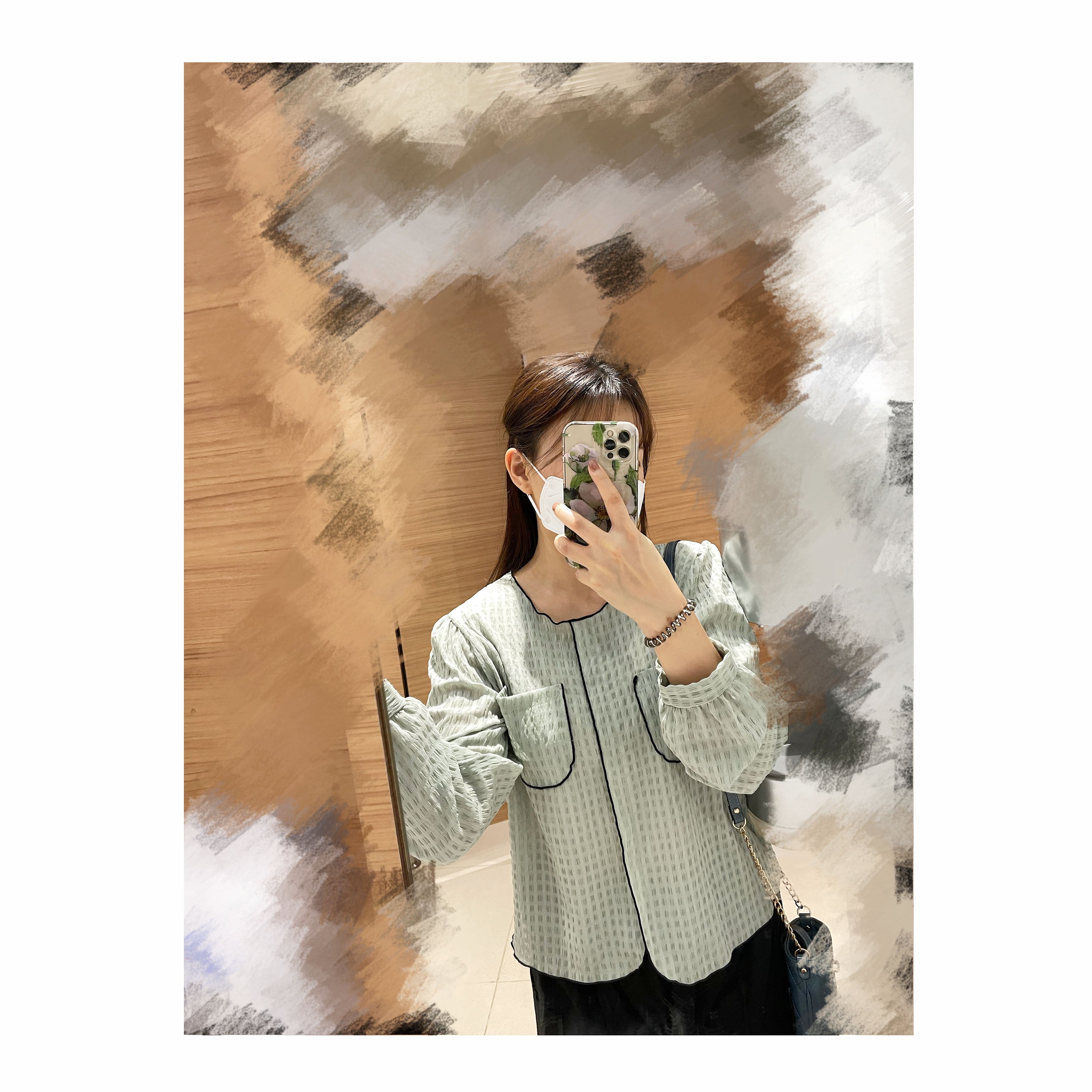 Border 雪紡湖水綠暗格拼色上衣, Blouse/ TP8682
