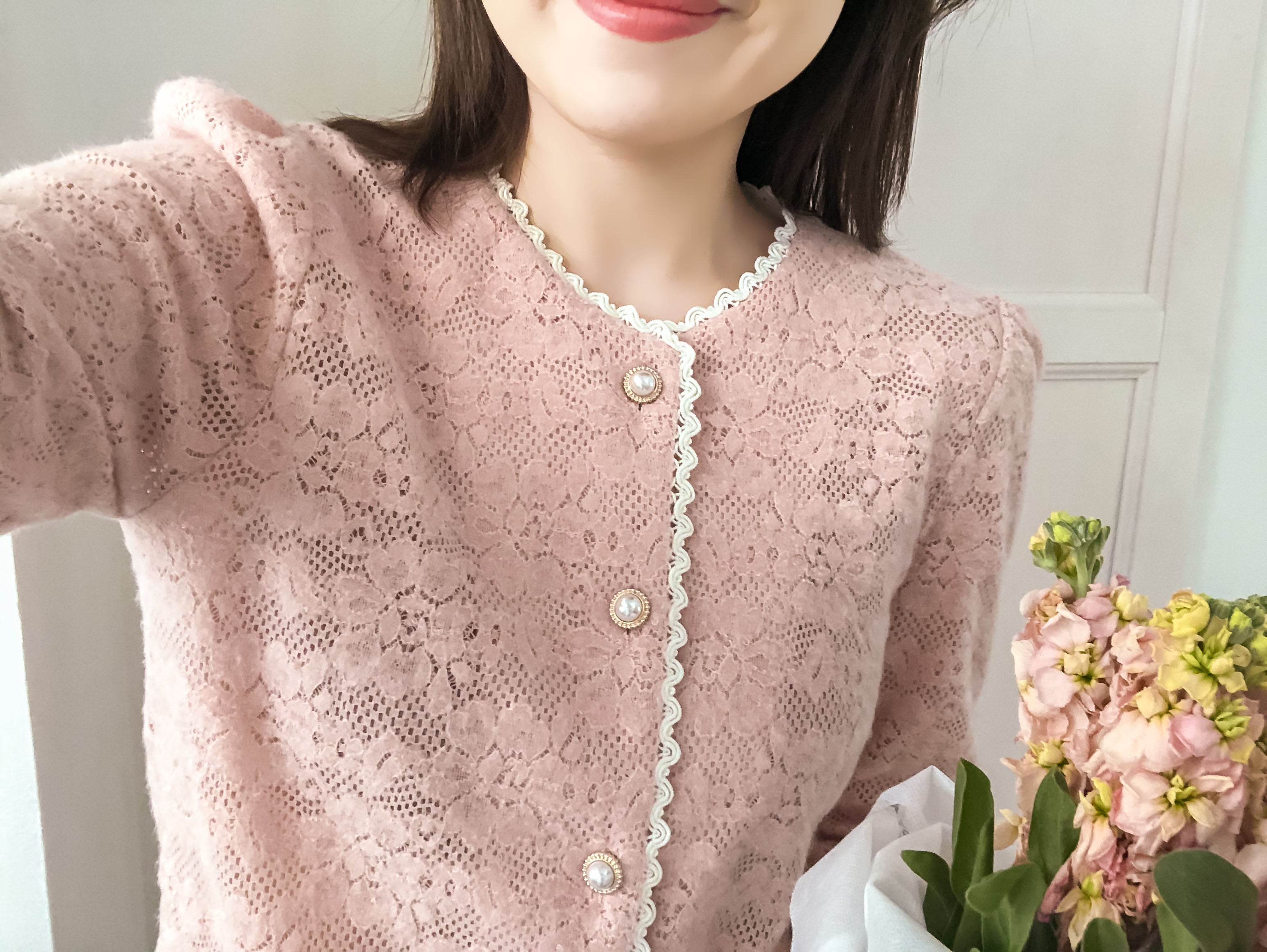Romance Lace 粉色微彈幼細雕花邊蕾絲紋, Blouse or Outer/ BU8614