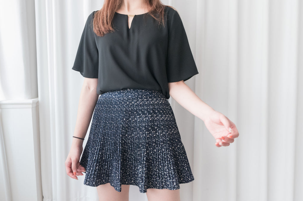 Navy Floral 細百褶小波浪裙擺裙褲, Skirt/ SK8612