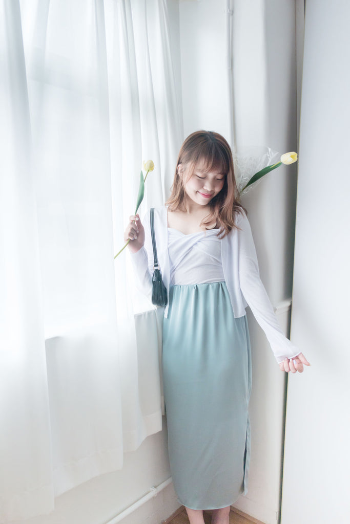 Simple Elegant 光澤湖水藍側開叉修身長裙, Skirt/ SK8631