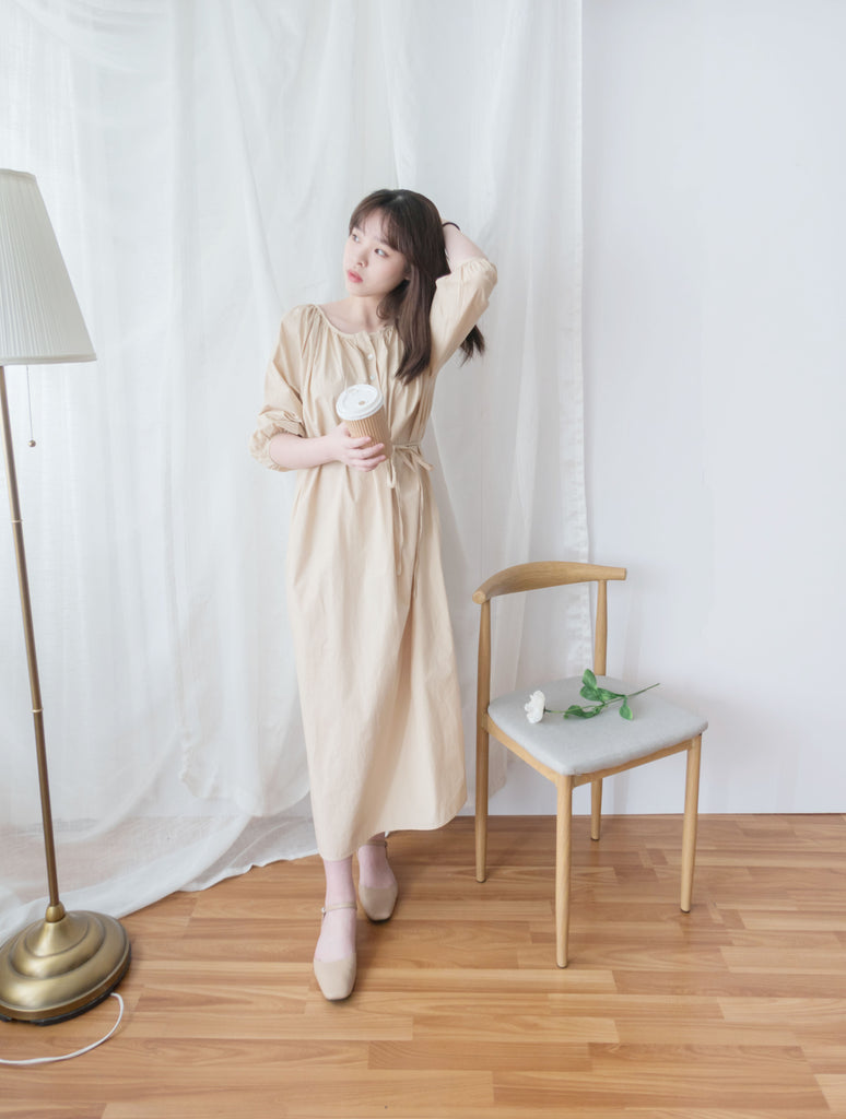 Fall in... 淺杏色車皺開圓領修腰, Dress/ DS9100