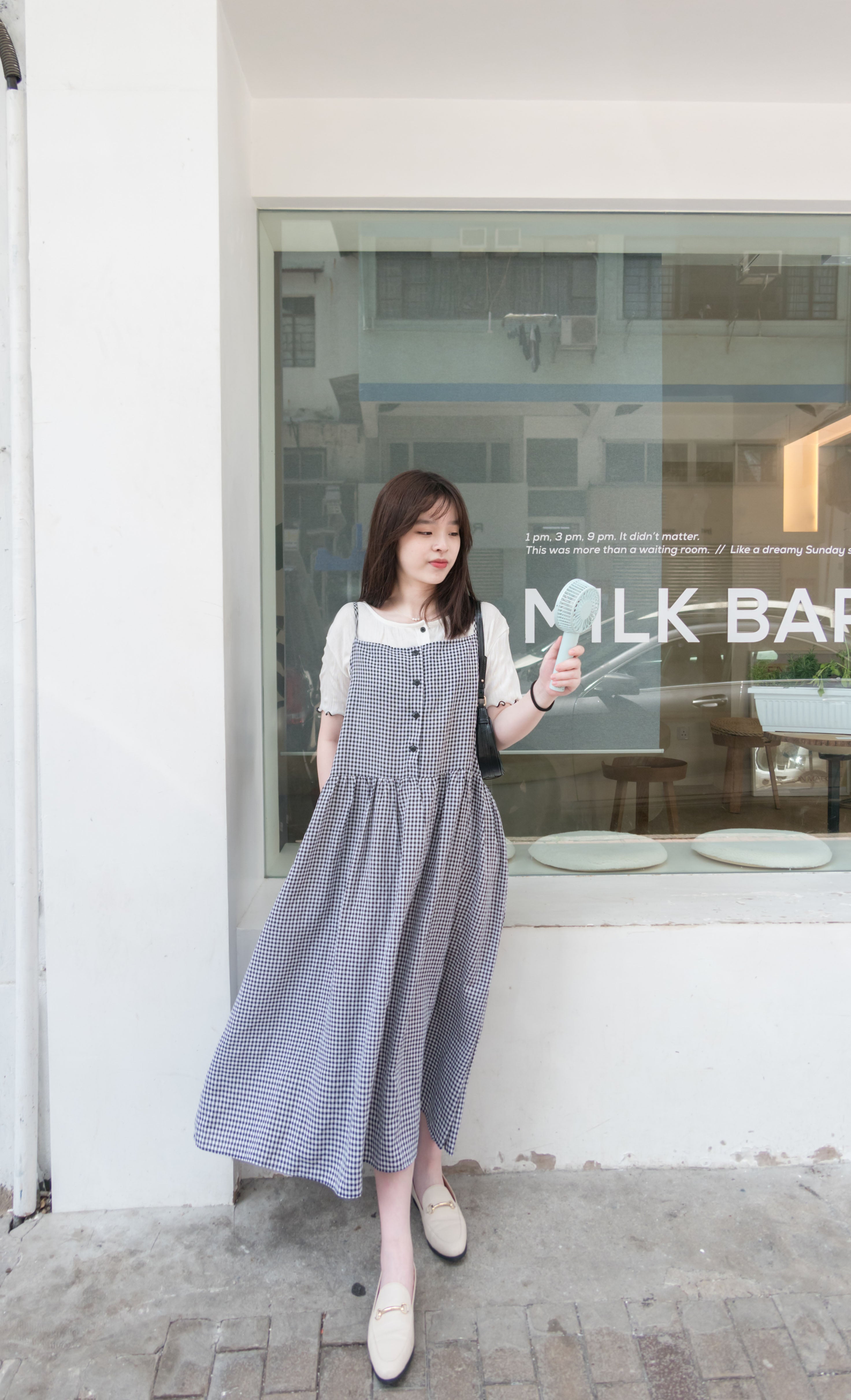 Check 飄逸格子假修腰口袋吊帶裙, Dress/ DS9102