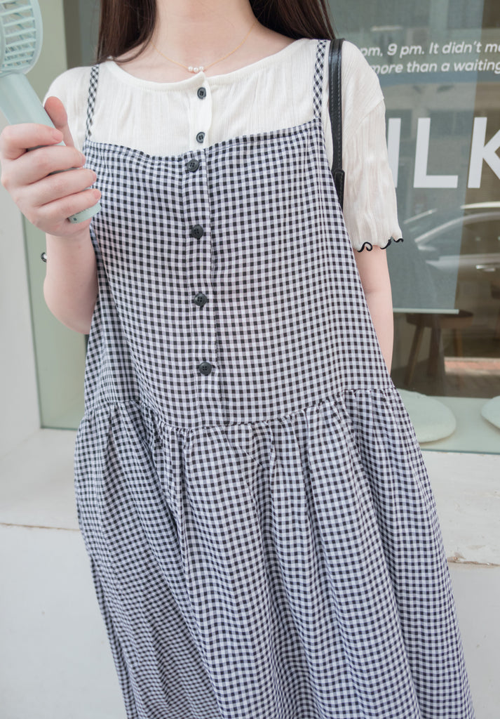 Check 飄逸格子假修腰口袋吊帶裙, Dress/ DS9102